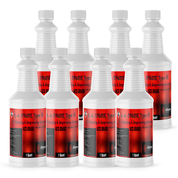 Eight 1-quart HDPE jugs of Alliance Chemical A-A-59601E Type III ACS Grade with white screw caps and red-and-black labels.