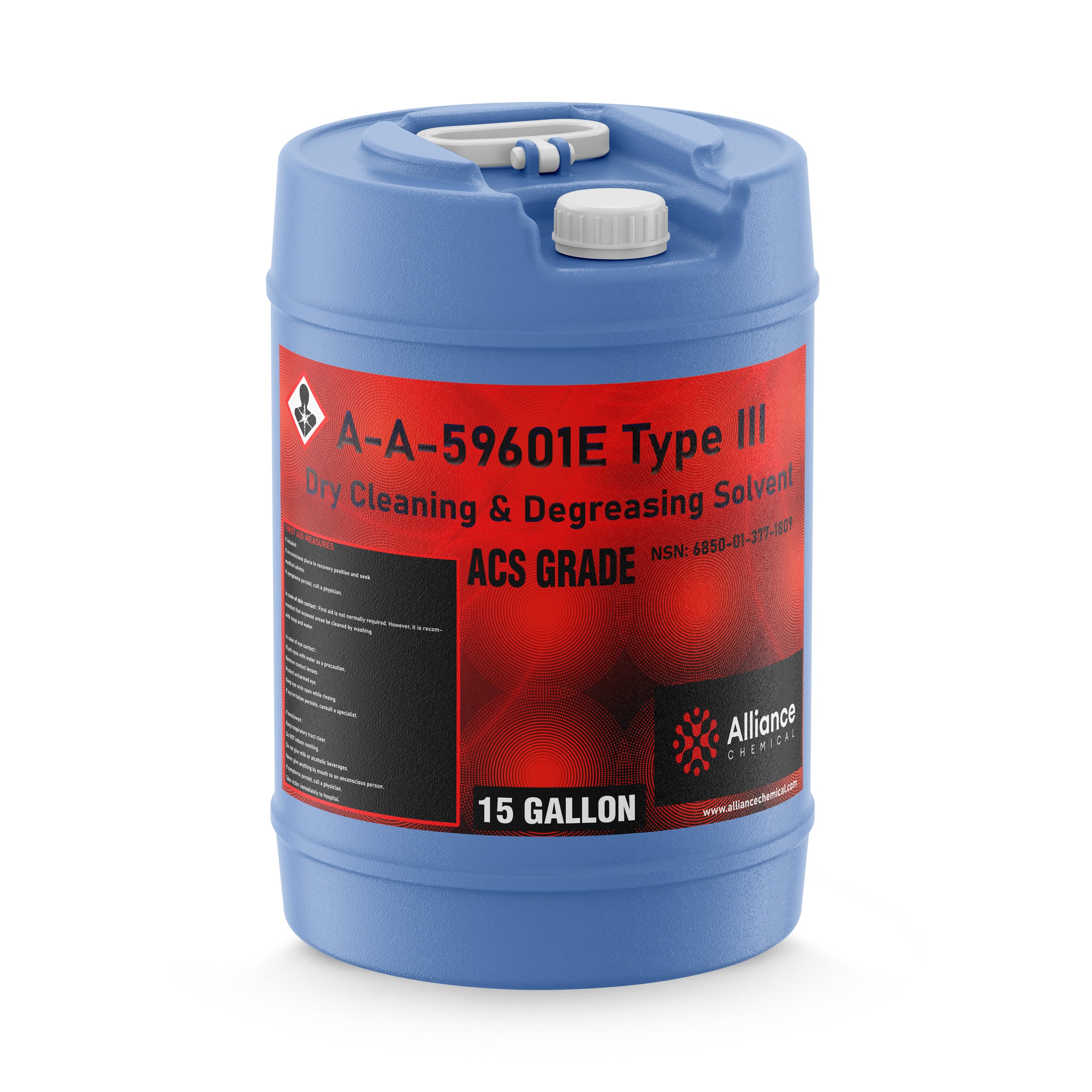 15-gallon blue HDPE carboy of A-A-59601E Type III ACS Grade dry cleaning & degreasing solvent with hazard symbol and red labeling.