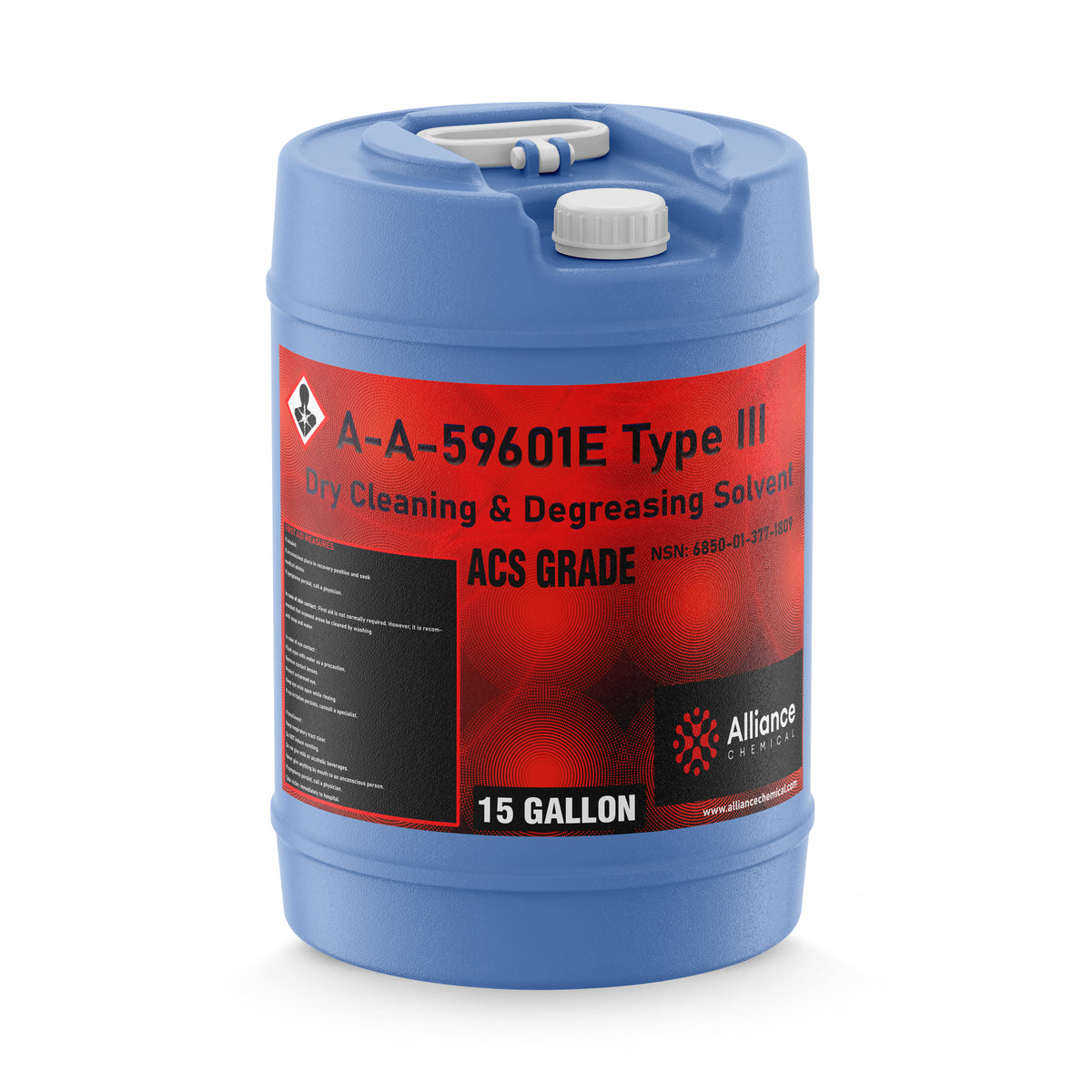 One 15-gallon HDPE drum of Alliance Chemical A-A-59601E Type III ACS Grade with a white cap and a blue integrated handle.