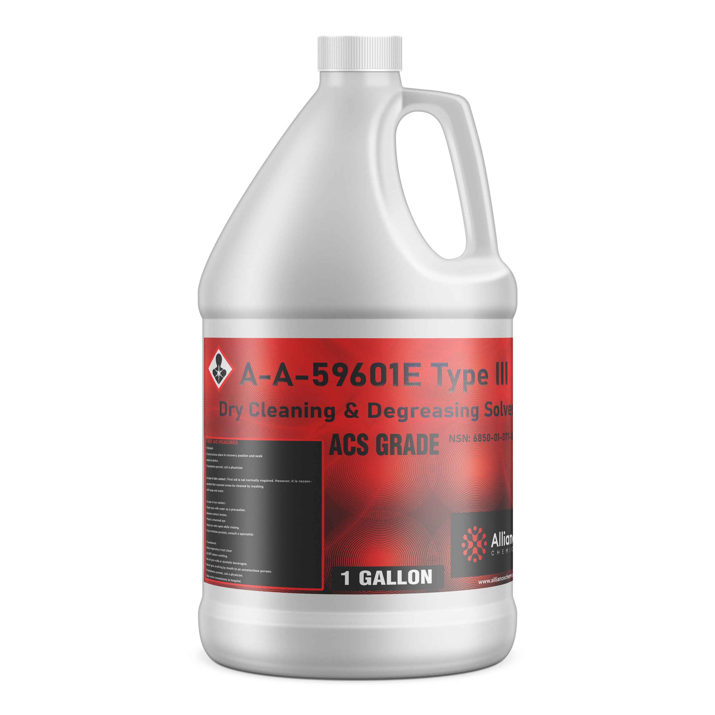 1-gallon dry cleaning & degreasing solvent A-A-59601E Type III ACS Grade in white HDPE container with red label and safety diamond symbol.