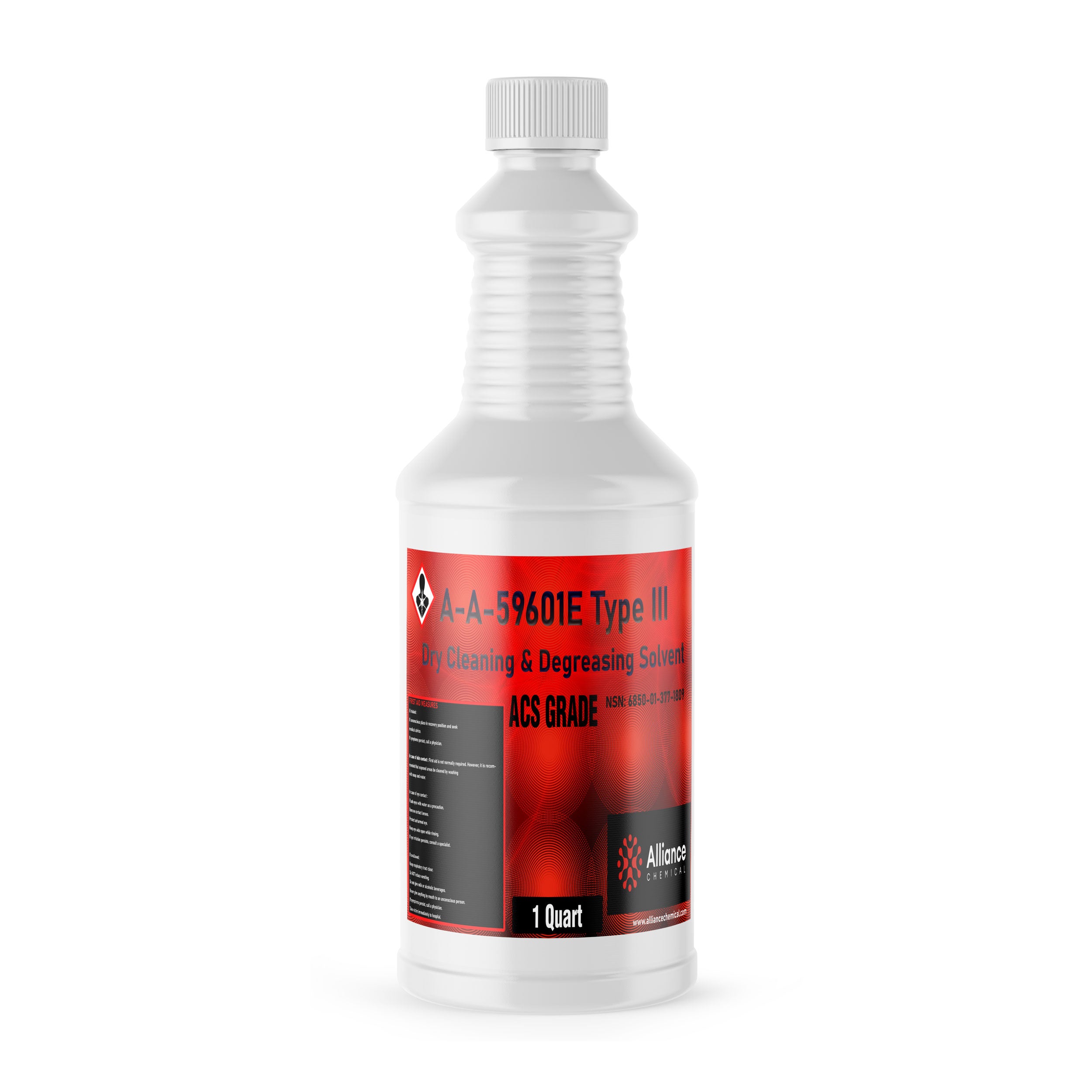 1-quart white HDPE bottle of A-A-59601E Type III dry cleaning and degreasing solvent, ACS grade, with red label and hazard diamond symbol.