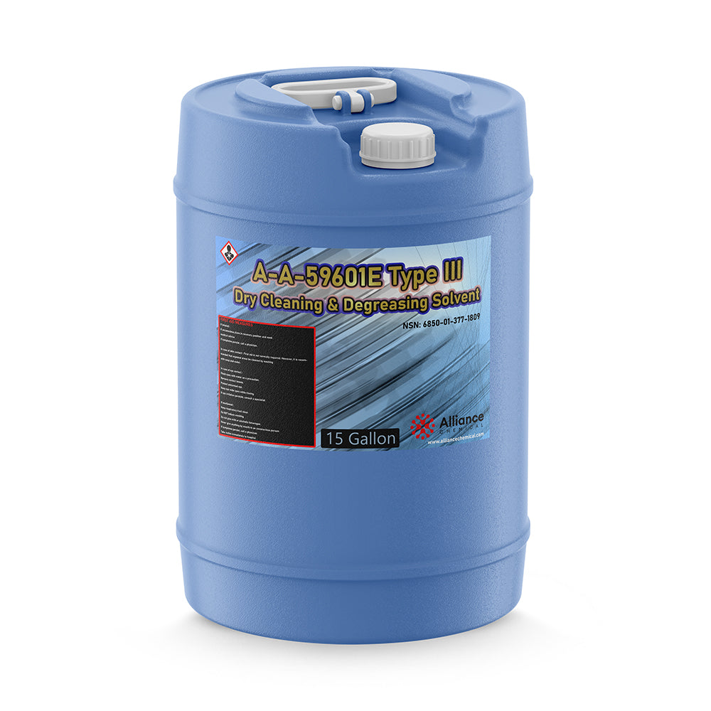 15-gallon blue HDPE carboy of A-A-59601E Type III dry cleaning and degreasing solvent with hazard symbol and NSN specification label.