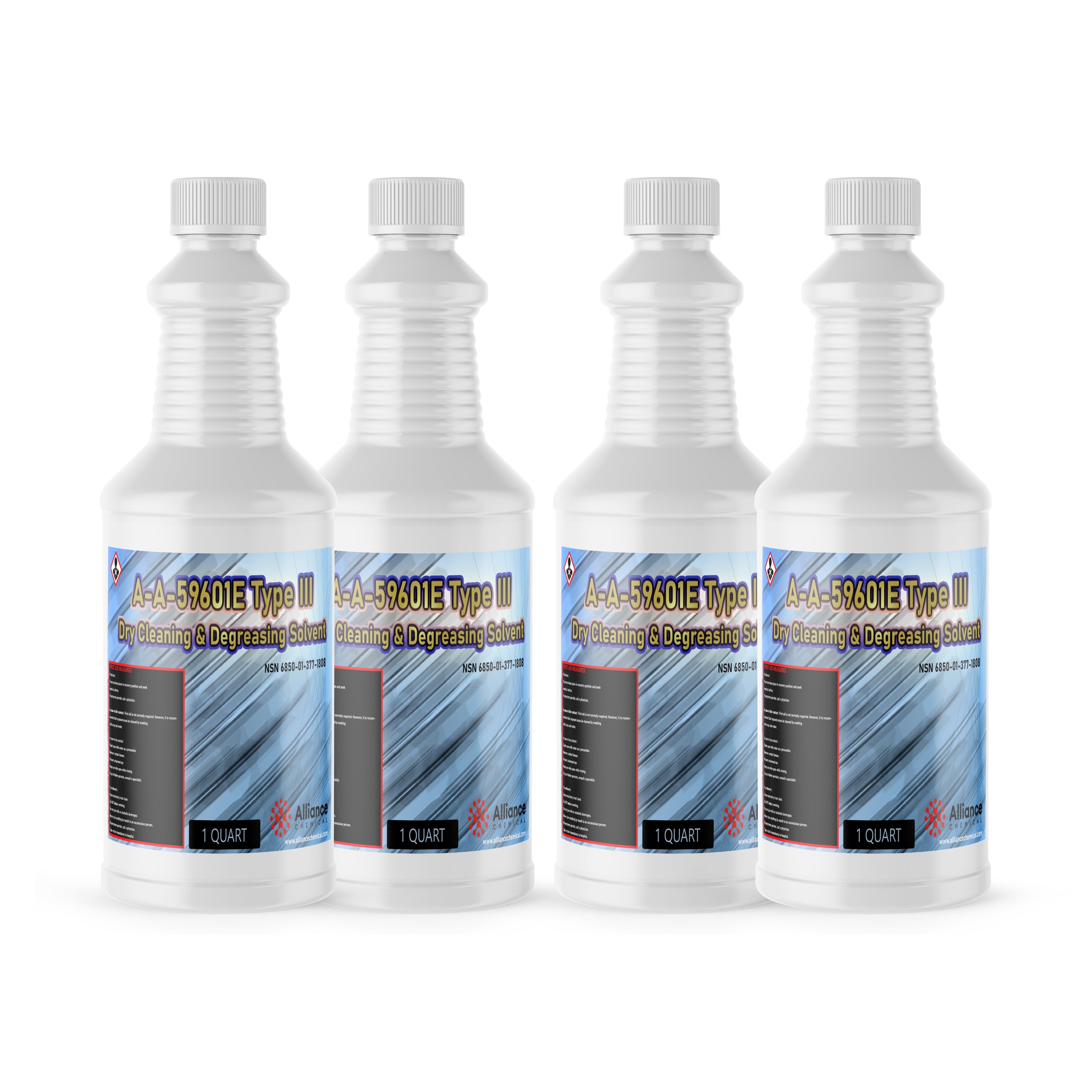 4-quart set (1 quart each) of A-A-59601E Type III industrial dry cleaning and degreasing solvent in white HDPE bottles with hazard symbols.