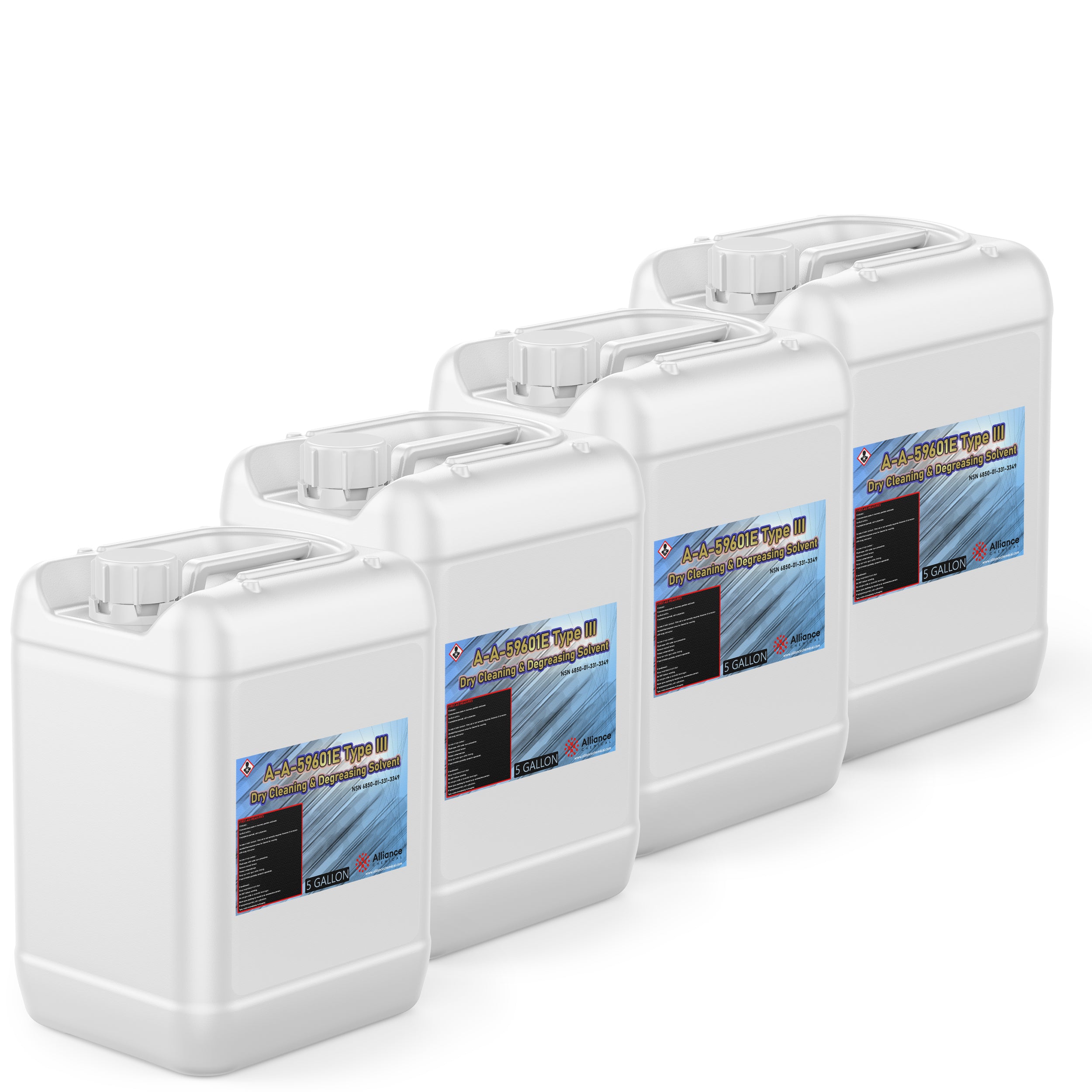 4x5-gallon Type III dry cleaning & degreasing solvent A-A-59601E in white HDPE containers with blue hazard labels, Alliance Chemical brand.