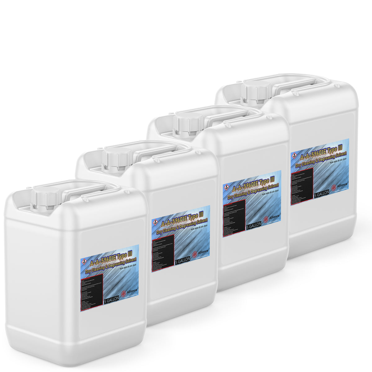 4x5-gallon Type III dry cleaning & degreasing solvent A-A-59601E in HDPE containers with blue hazard labels, Alliance