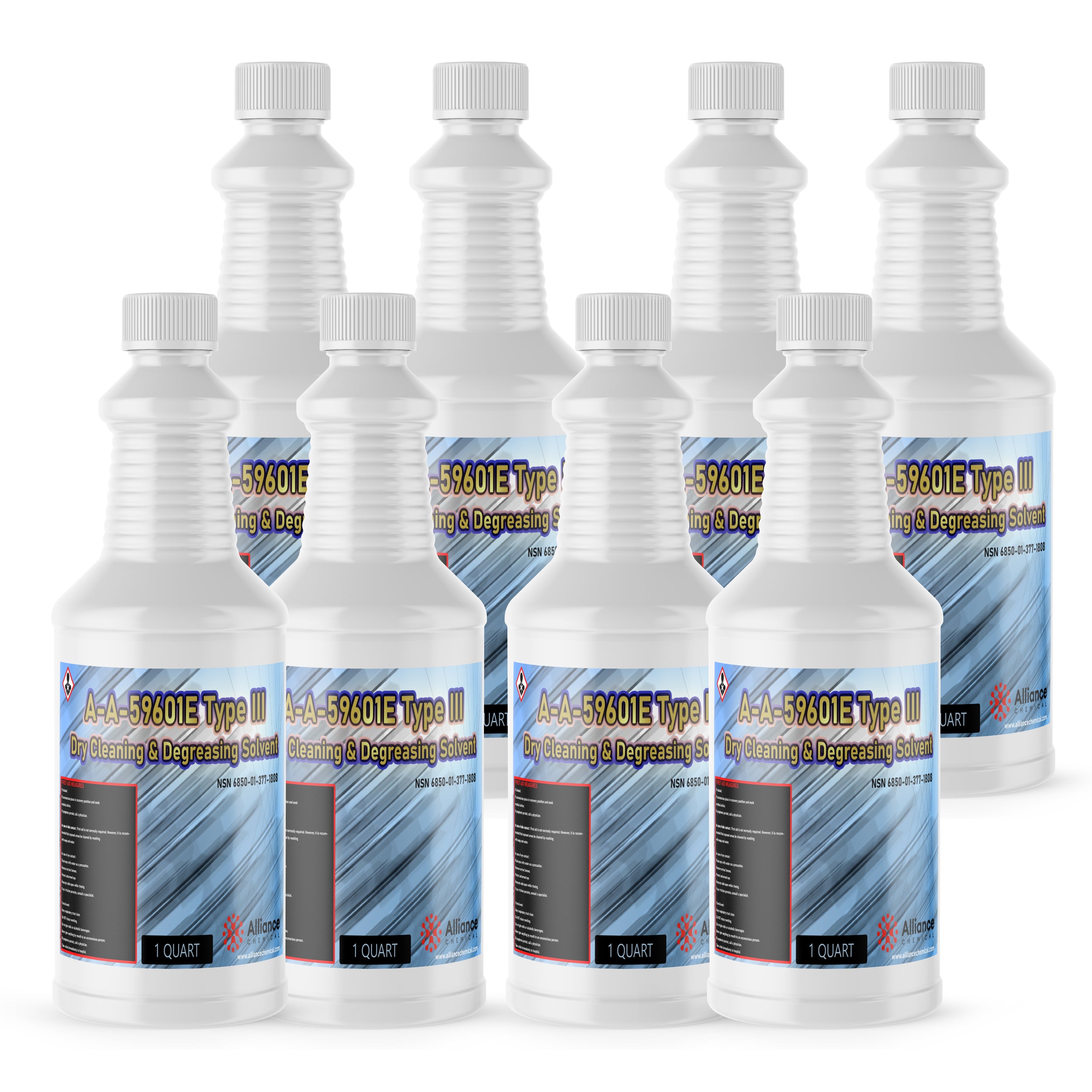 8x1 quart A-A-59601E Type III industrial dry cleaning and degreasing solvent in white HDPE bottles with hazard symbols, NSN 6850-01-177-3898.