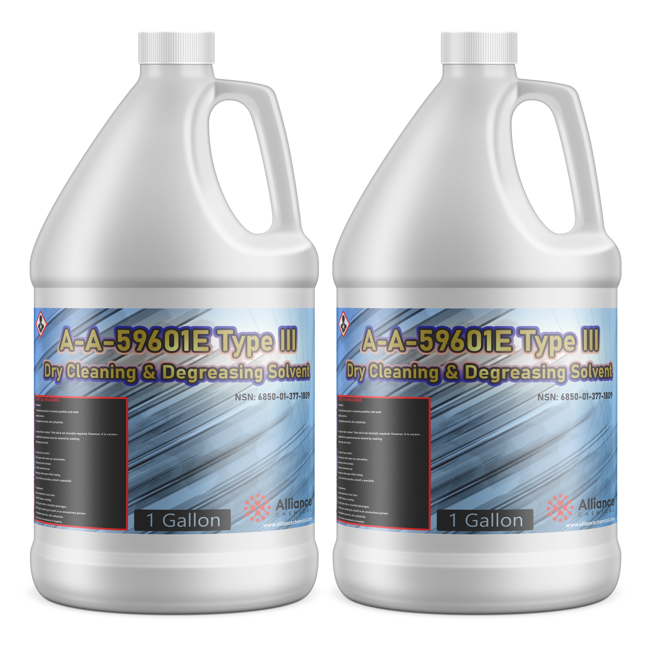 1-gallon industrial dry cleaning and degreasing solvent A-A-59601E Type III in white HDPE jugs with hazard diamond symbol, Alliance Chemical brand.