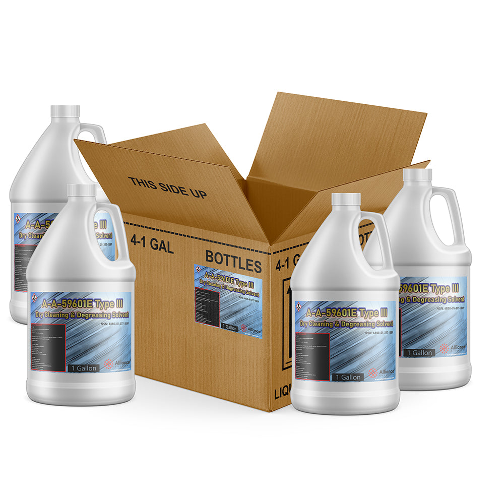 4x1-gallon A-A-59601E Type III industrial dry cleaning & degreasing solvent in white HDPE jugs with cardboard shipping box, blue labels.