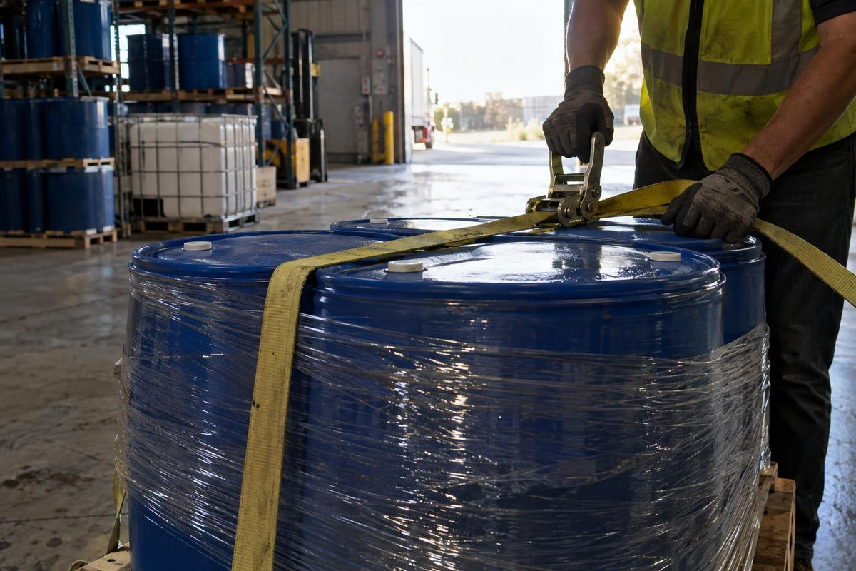 Gloved hands strapping four blue chemical drums to a pallet at a warehouse loading dock