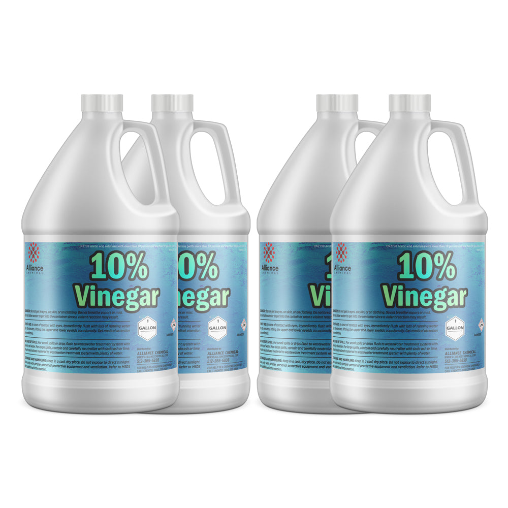 4x1-gallon HDPE jugs of 10% industrial vinegar solution, concentrated acetic acid with blue safety labels and white screw caps.