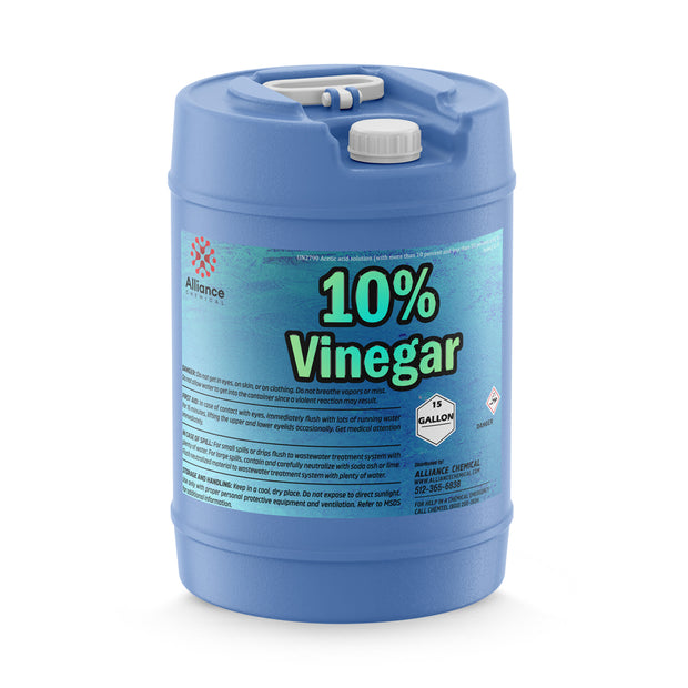 One 15-gallon HDPE jug of Alliance Chemical 10% Vinegar - Concentrated Industrial Strength with a white cap and handle.