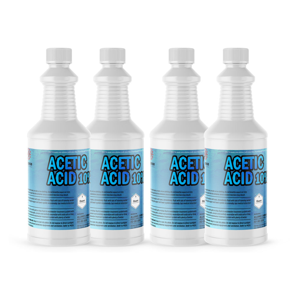 (4) 1-quart bottles of 10% Acetic Acid solution in white HDPE containers with ribbed design, blue labels and hazard symbols, industrial-grade strength.