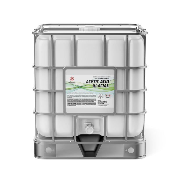 275-gallon IBC tote of Glacial Acetic Acid, Alliance Chemical brand, hazard warning symbols, and product identification label