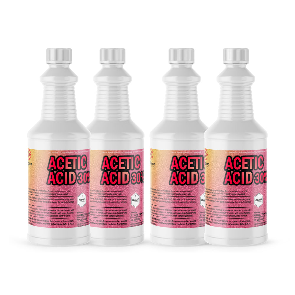 Alliance Chemical 30% vinegar in four clear quart HDPE bottles with screw-on caps and labels