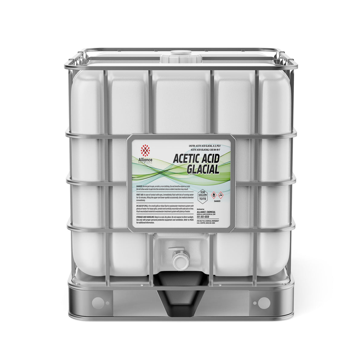 Alliance Chemical 330-gallon Acetic Acid Glacial Technical Grade tote with a metal cage and a white spigot.