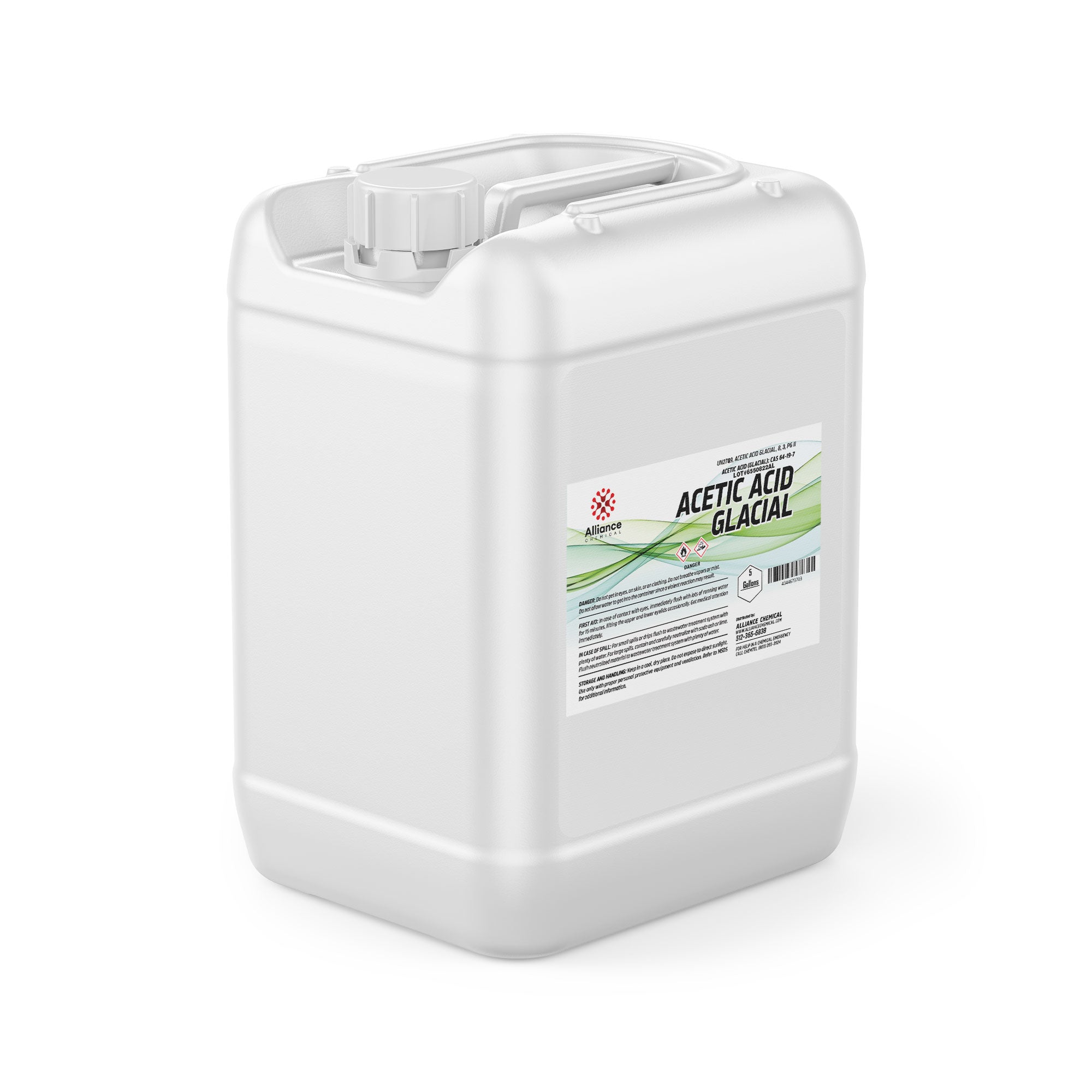 5-gallon white HDPE container of Glacial Acetic Acid (technical grade) with Alliance Chemical branding, hazard symbols, and secure screw-top lid.