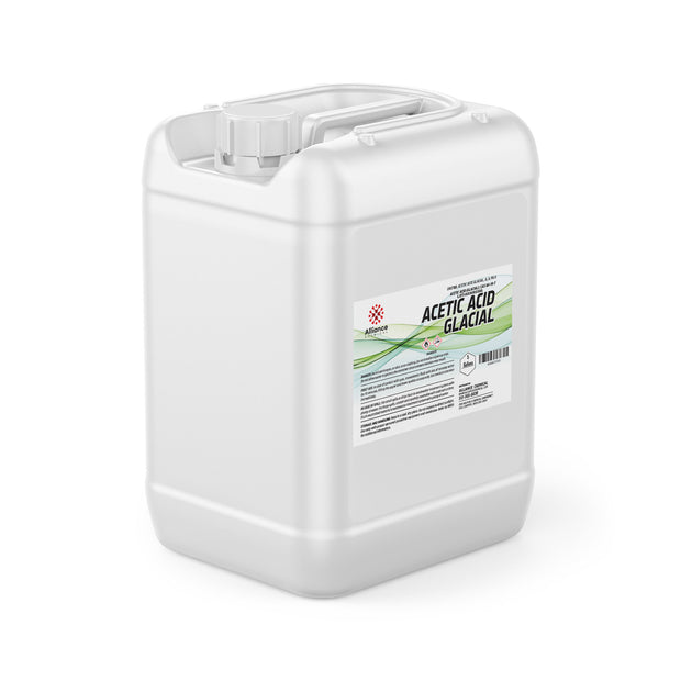 5-gallon HDPE container of Glacial Acetic Acid (technical grade) with Alliance Chemical branding, and secure screw-top lid