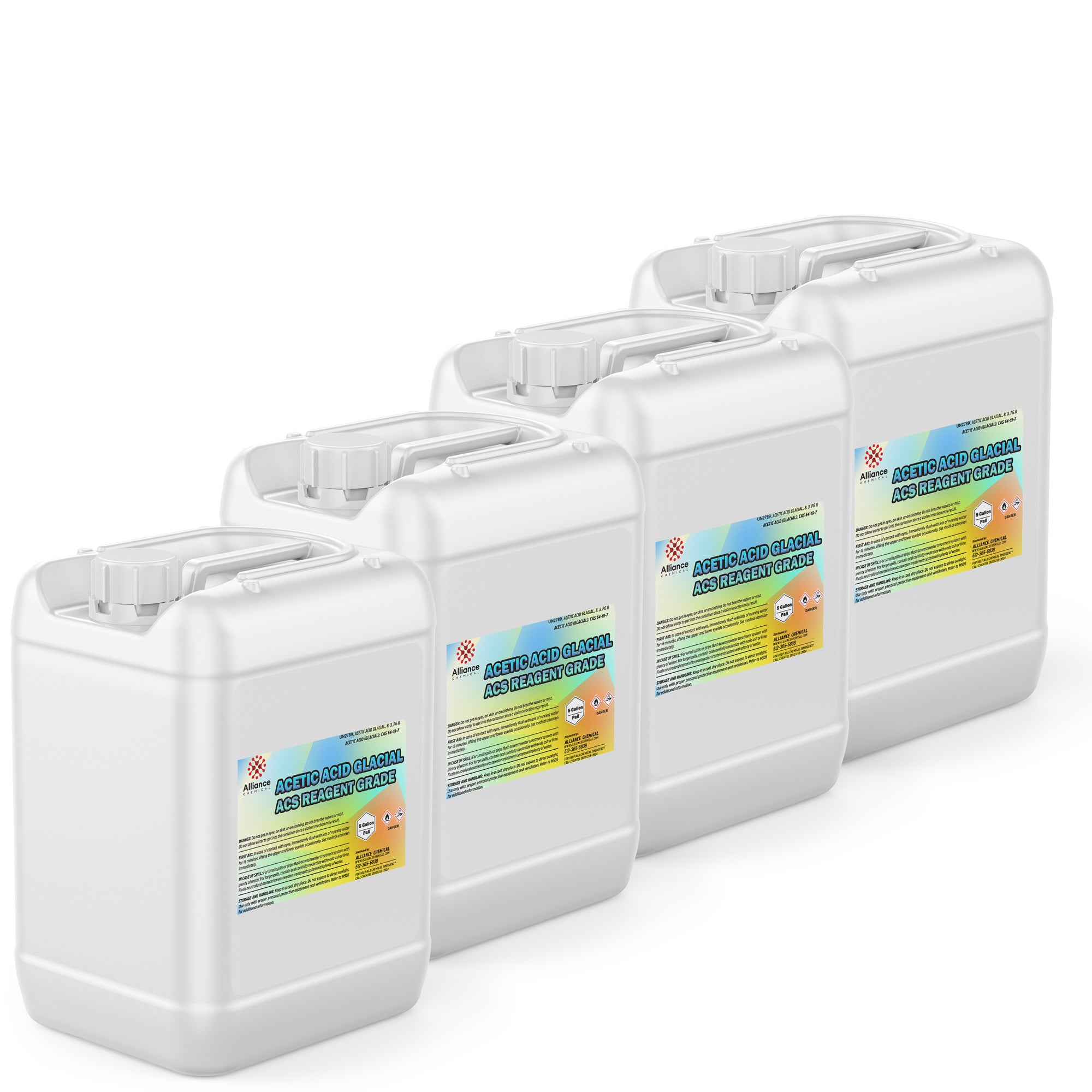 4x5-gallon white HDPE containers of ACS Reagent Grade Glacial Acetic Acid 99%, featuring GHS warning labels and secure screw-top closures.
