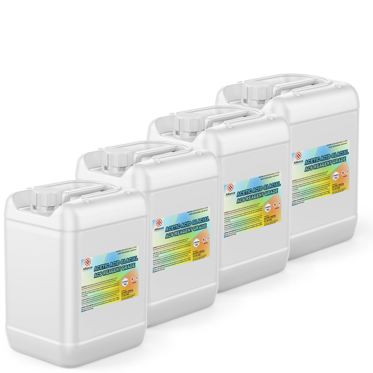 Four 5-gallon HDPE pails of Alliance Chemical Acetic Acid Glacial ACS Grade with white screw caps, handles, and product la...