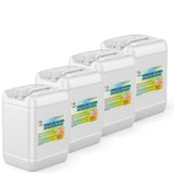 Four 5-gallon HDPE pails of Alliance Chemical Acetic Acid Glacial ACS Grade with white screw caps, handles, and product la...