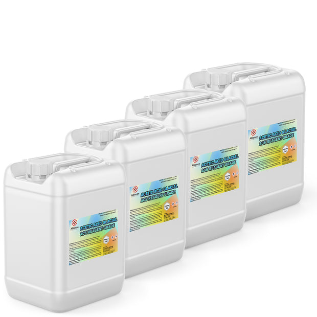 Four 5-gallon HDPE pails of Alliance Chemical Acetic Acid Glacial ACS Grade with white screw caps, handles, and product la...
