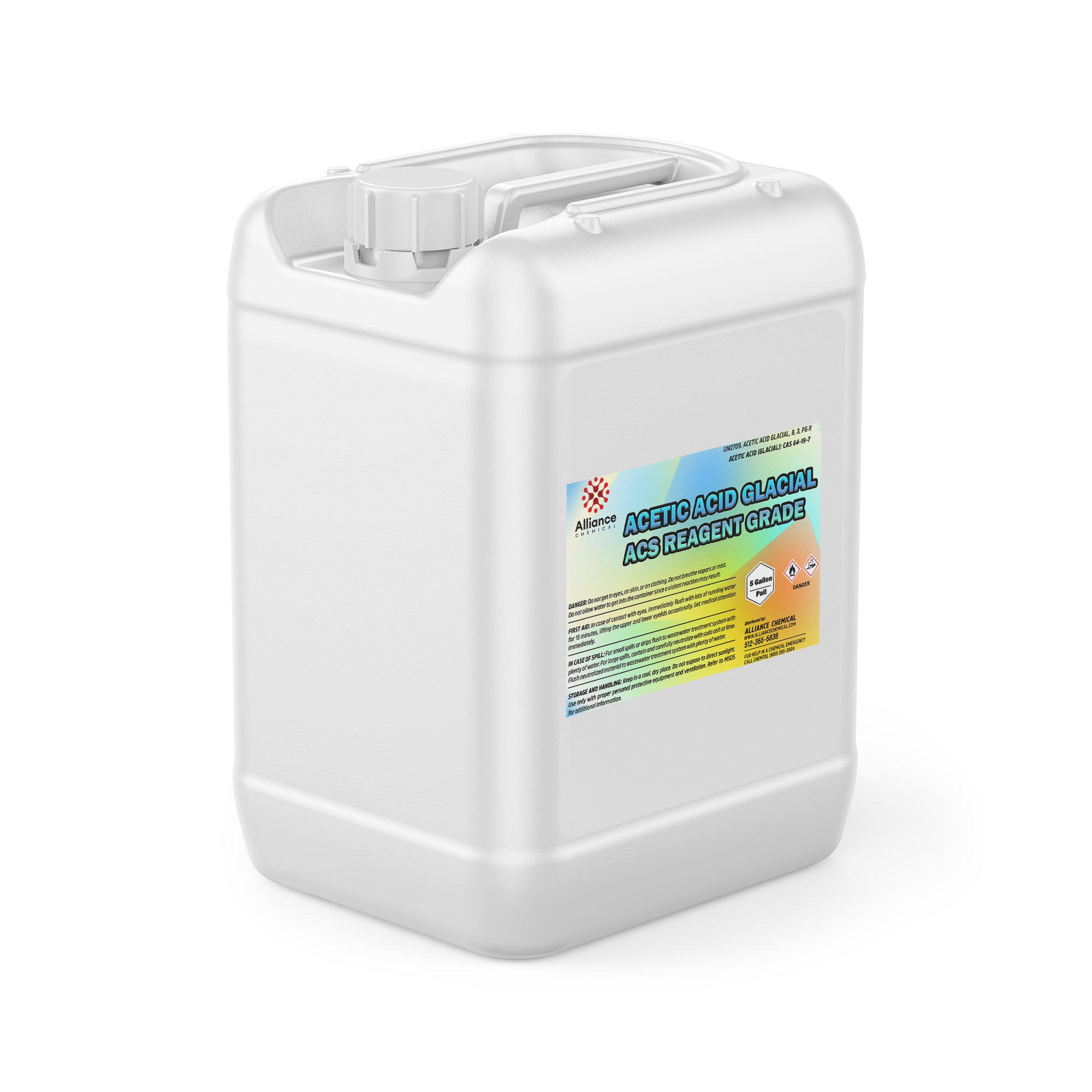 5-gallon white HDPE container of Glacial Acetic Acid 99% ACS Reagent Grade from Alliance Chemical, featuring safety hazard symbols and gradient label.