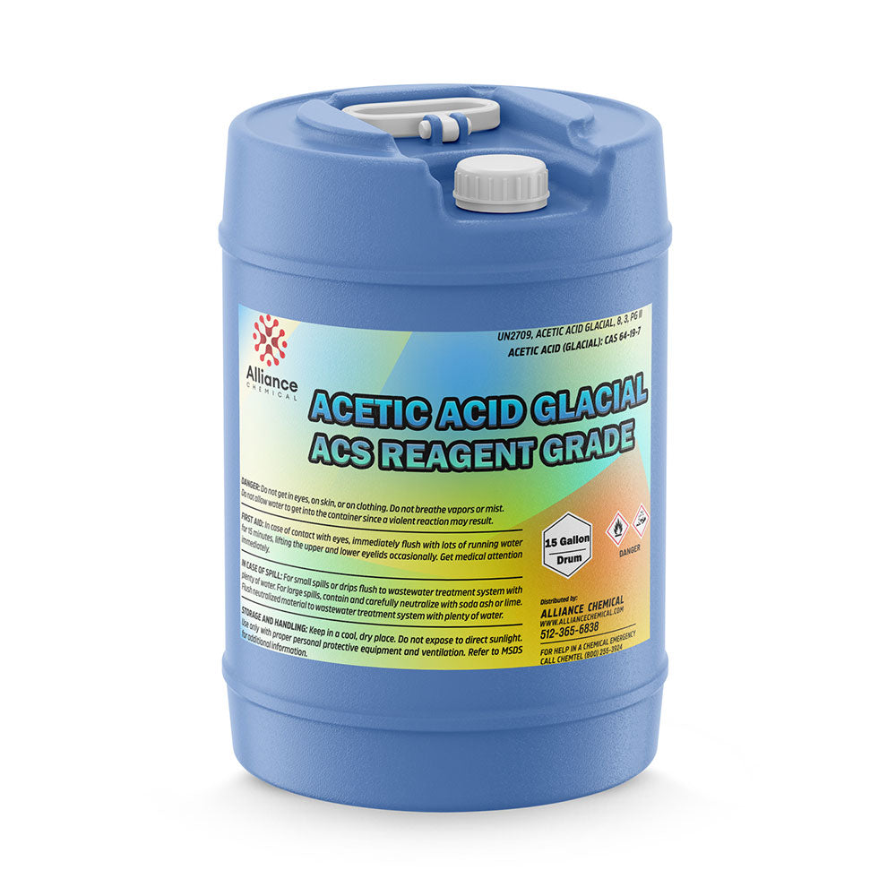 15-gallon blue HDPE drum of glacial acetic acid (ACS reagent grade) with chemical hazard symbols, safety warnings, and dual-port sealed cap.