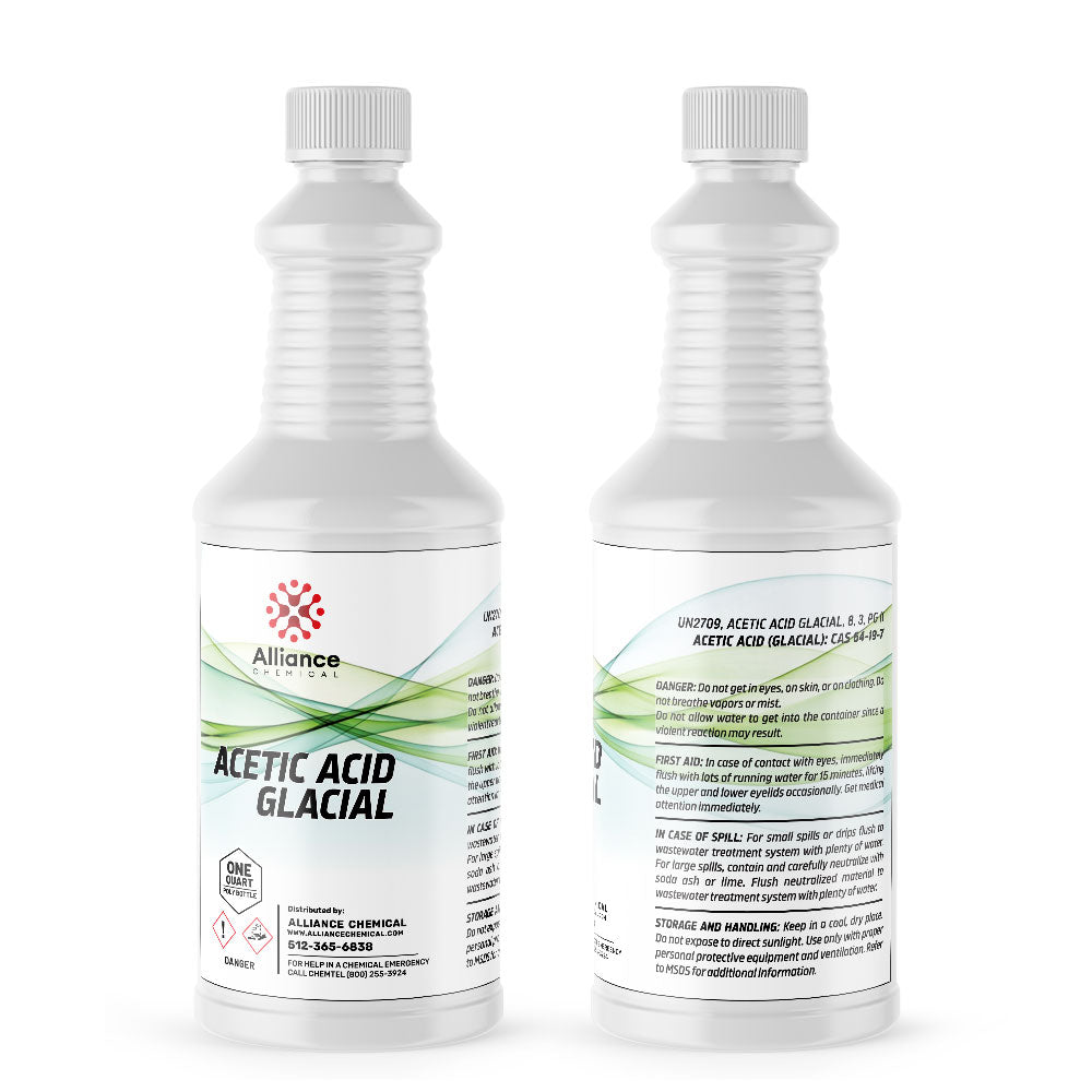 2-quart white HDPE bottle of glacial acetic acid by Alliance Chemical, featuring hazard warning symbols and green wave design labeling.