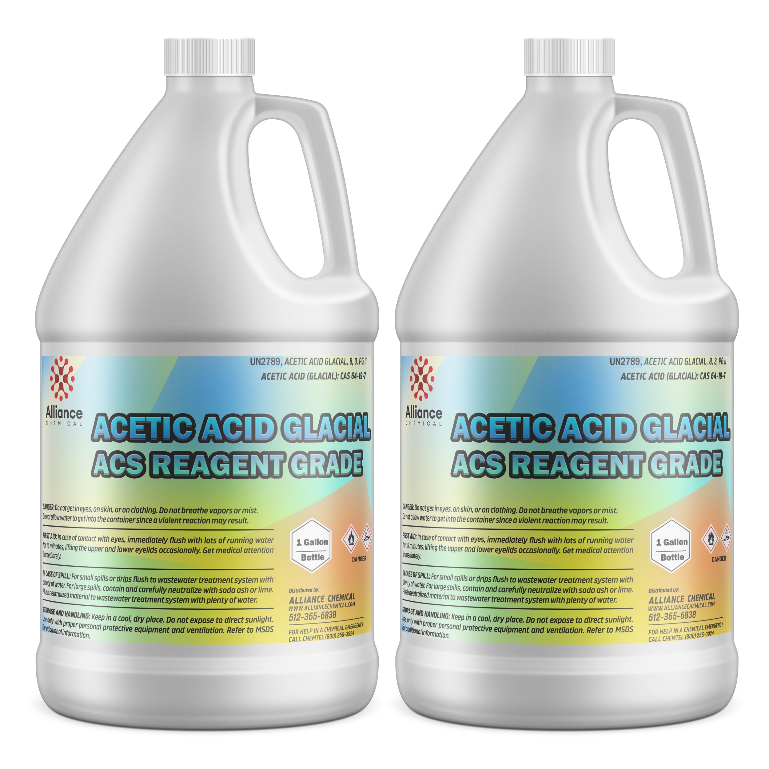 2-gallon glacial acetic acid, ACS reagent grade by Alliance Chemical in white HDPE jugs with UN2789 hazard labels and safety warnings.