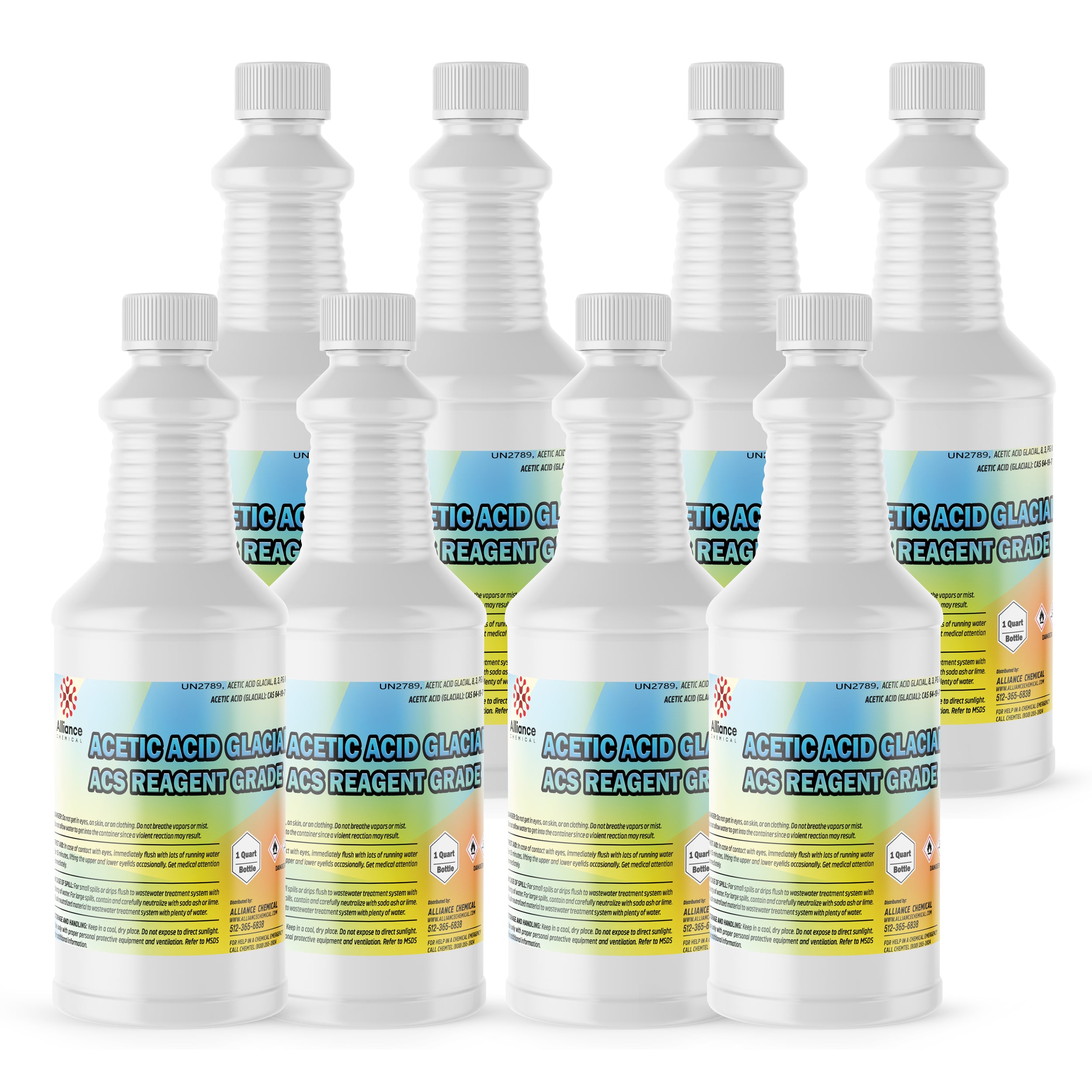 8x1-quart bottles of Glacial Acetic Acid ACS Reagent Grade 99%, UN2789 labeled with hazard symbols in white HDPE containers with ribbed caps.