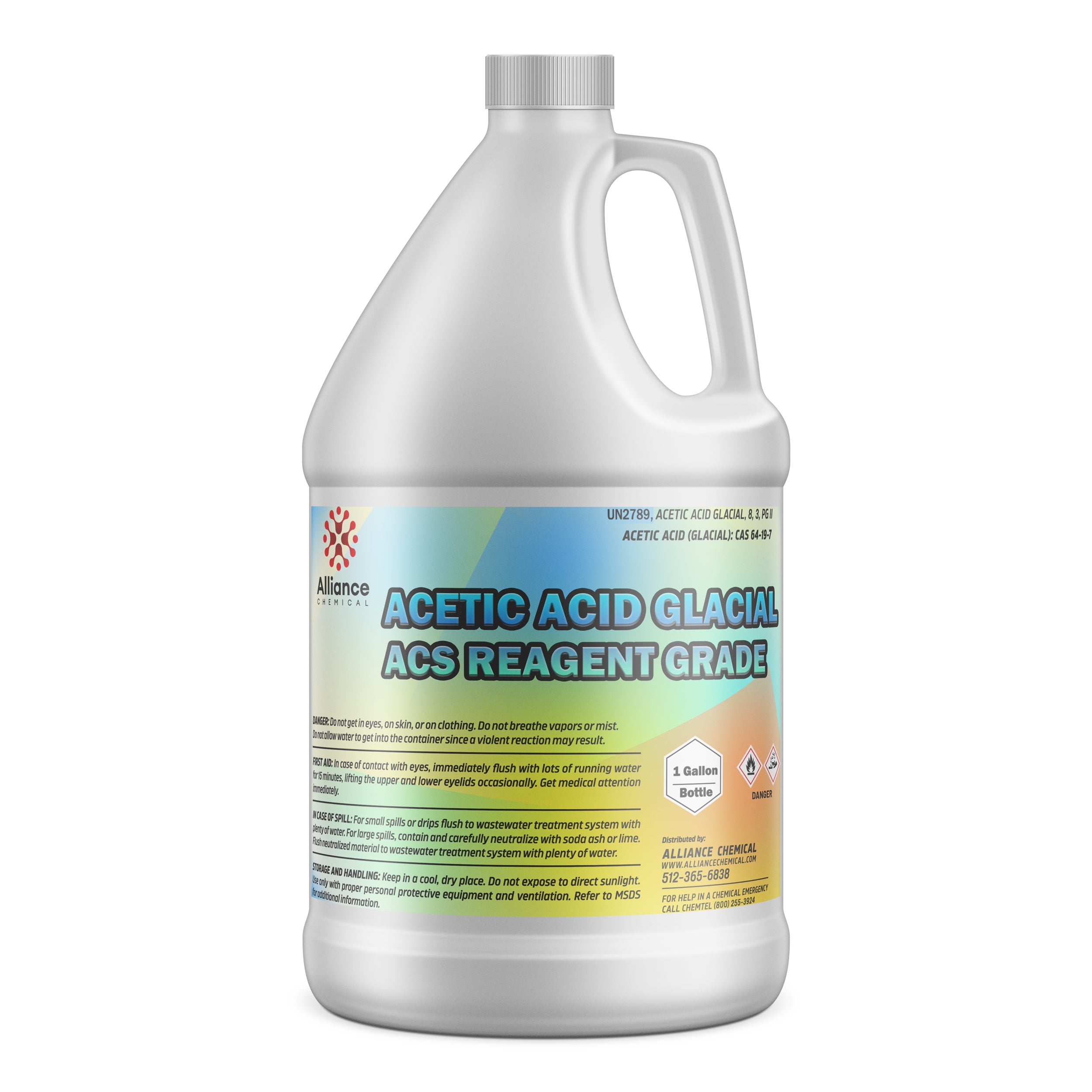 One-gallon glacial acetic acid (ACS reagent grade) in HDPE bottle with safety warnings, UN2789 hazard symbols, and Alliance Chemical branding.