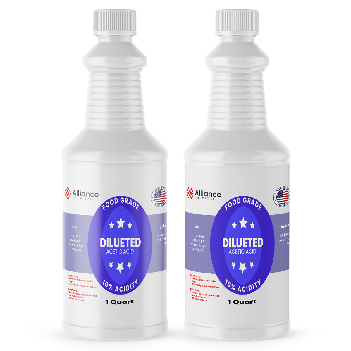 Alliance Chemical 10% diluted acetic acid food grade in two clear 1-quart bottles with screw caps