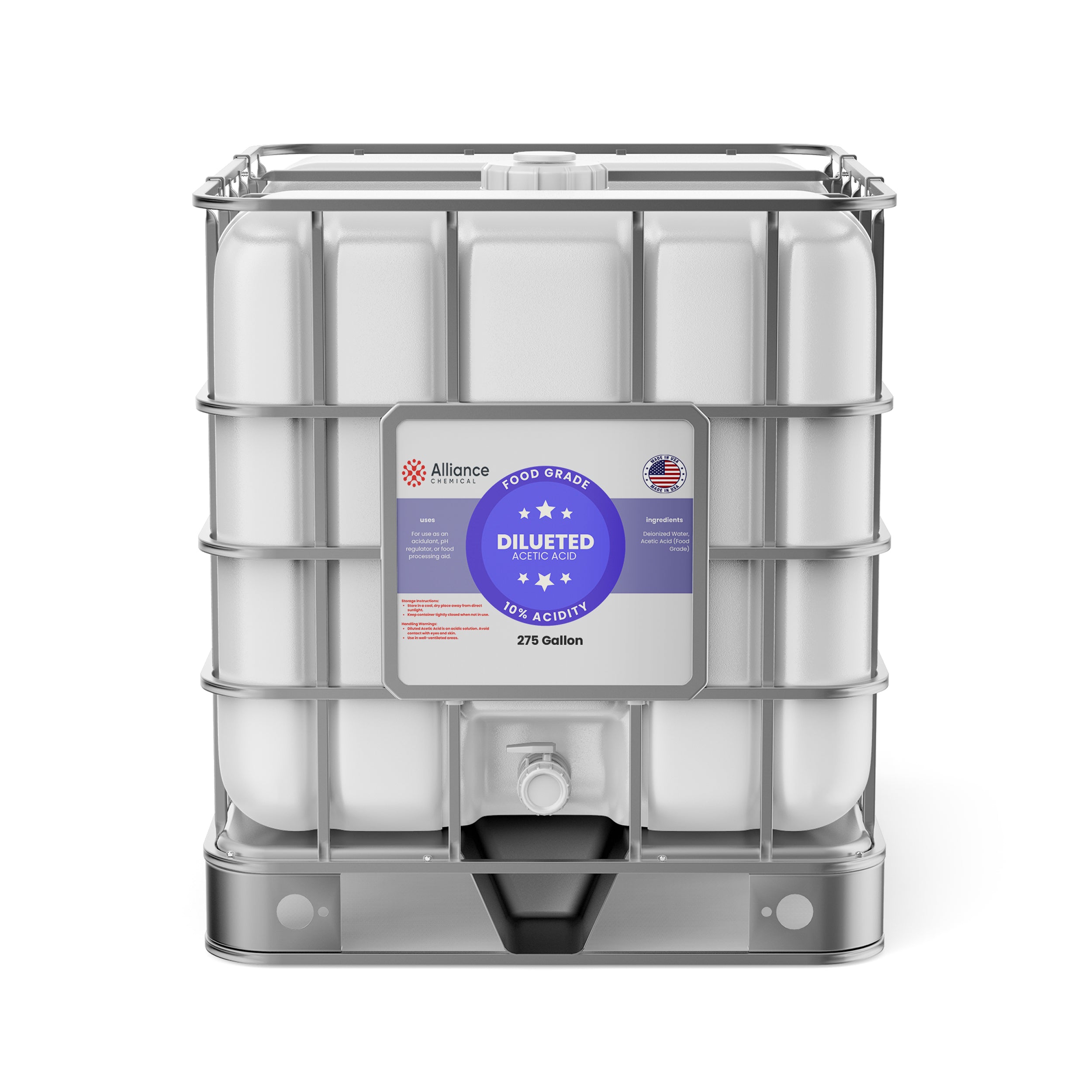 Alliance Chemical 10% diluted acetic acid food grade in 275-gallon IBC tote with clear label
