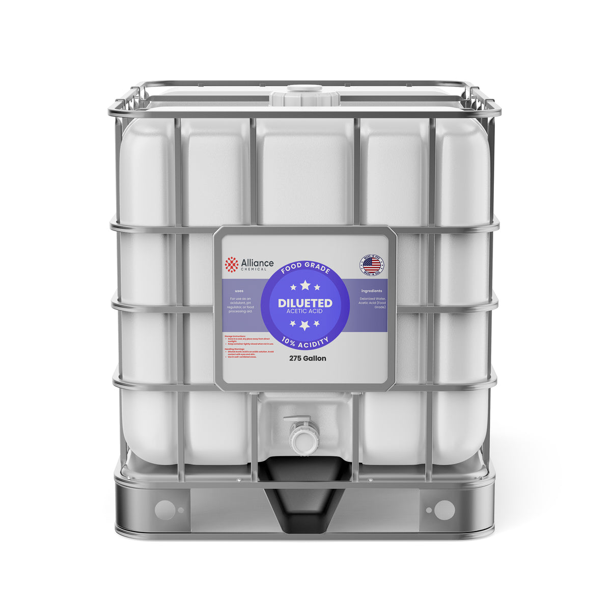 Alliance Chemical 10% diluted acetic acid food grade in 275-gallon IBC tote with clear label