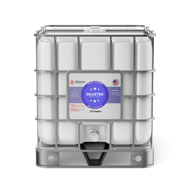 Alliance Chemical 10% diluted acetic acid food grade in 275-gallon IBC tote with clear label