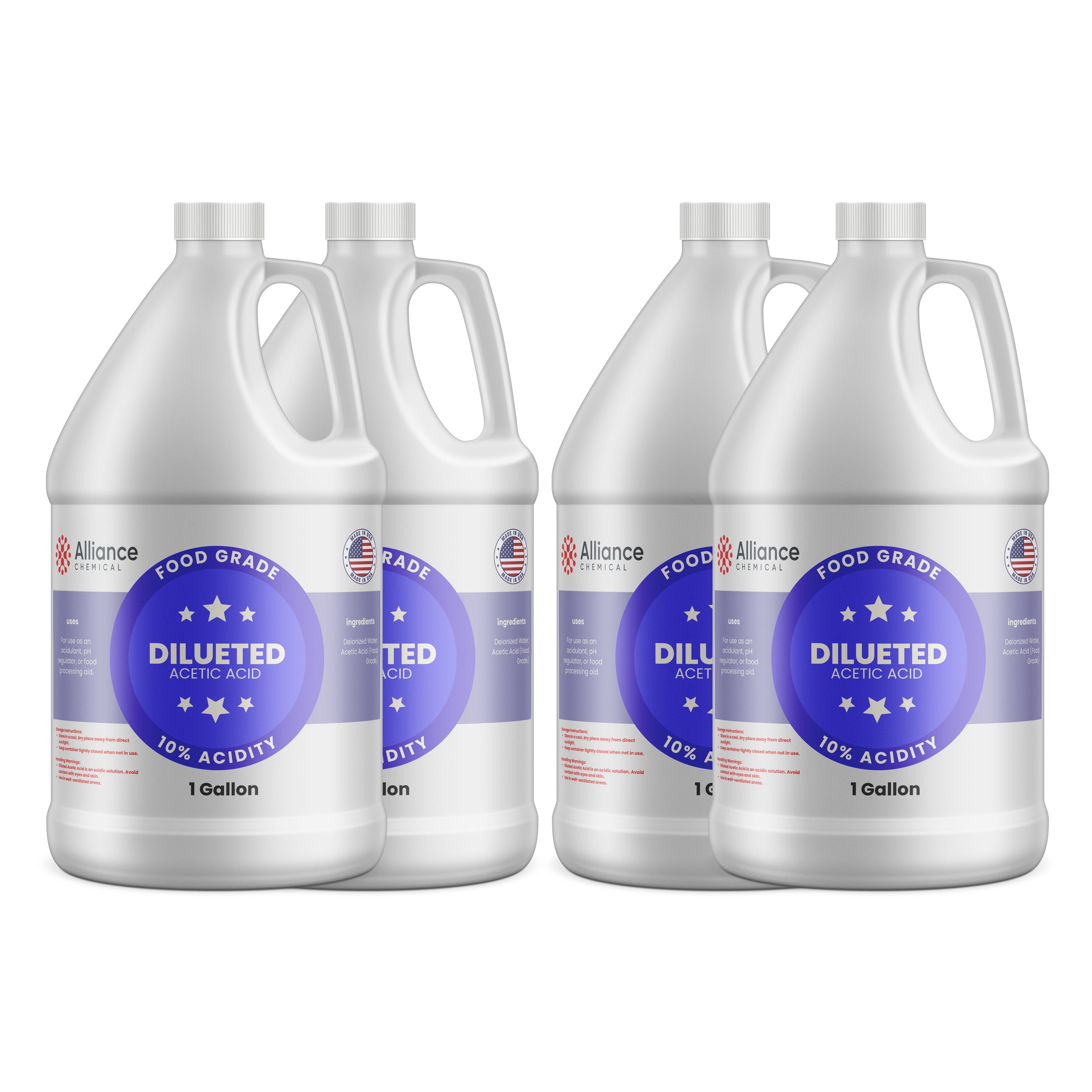 Alliance Chemical 10% diluted acetic acid food grade in four clear 1-gallon HDPE jugs with handles
