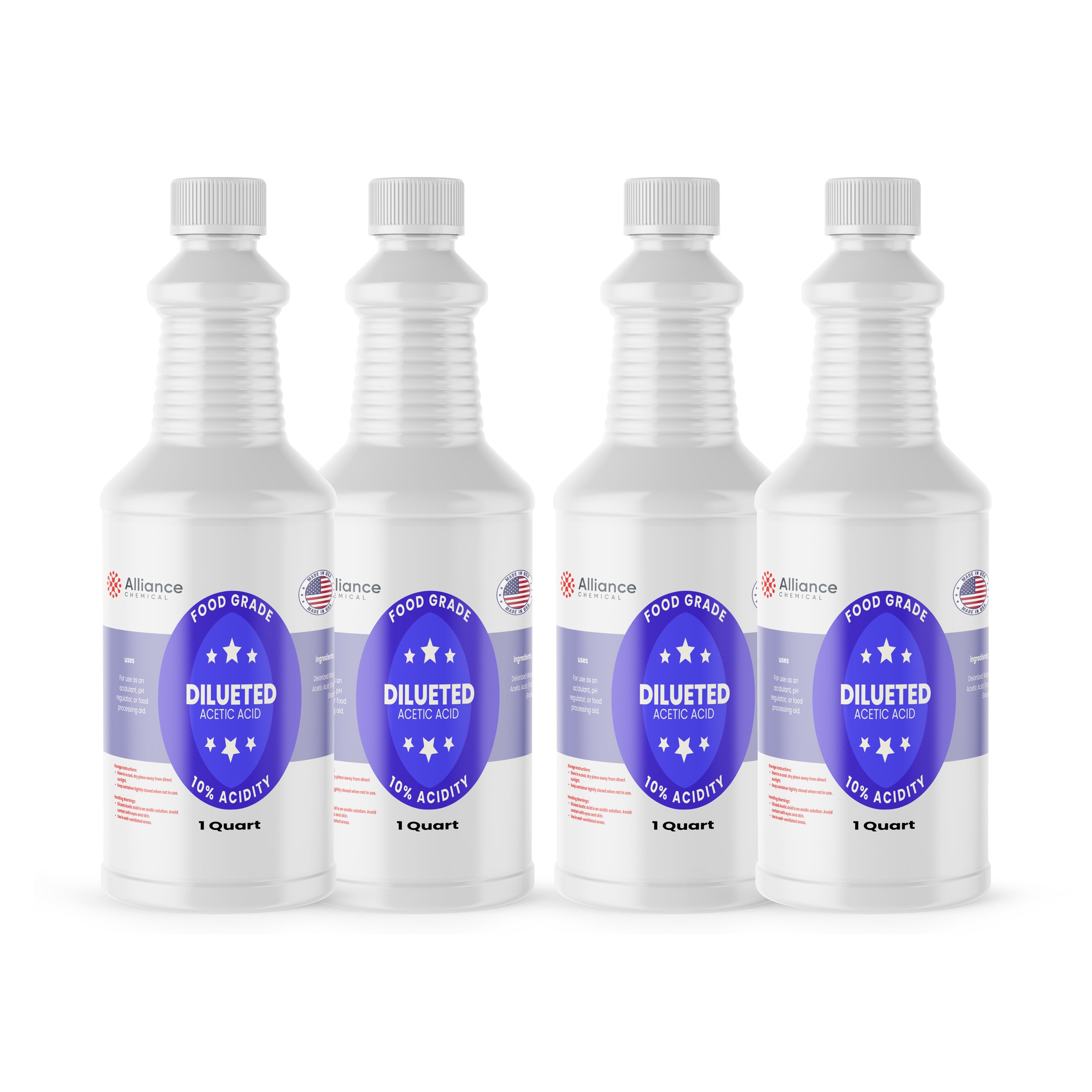Alliance Chemical 10% diluted acetic acid food grade in four 1-quart plastic bottles with screw caps