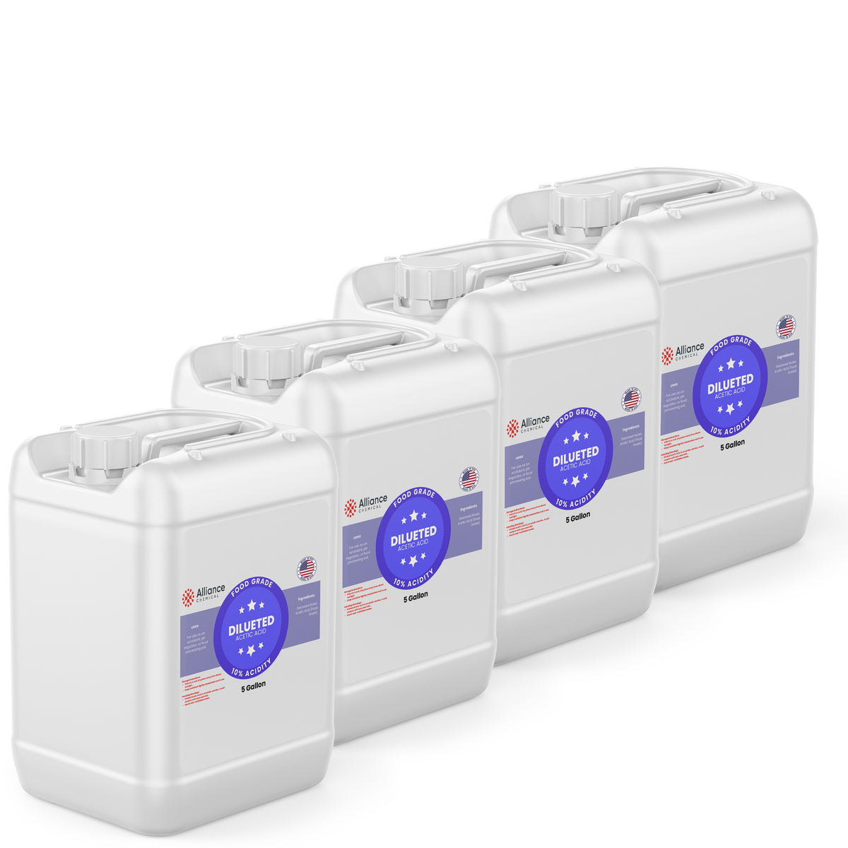 Alliance Chemical 10% diluted acetic acid food grade in four 5-gallon plastic containers with handles