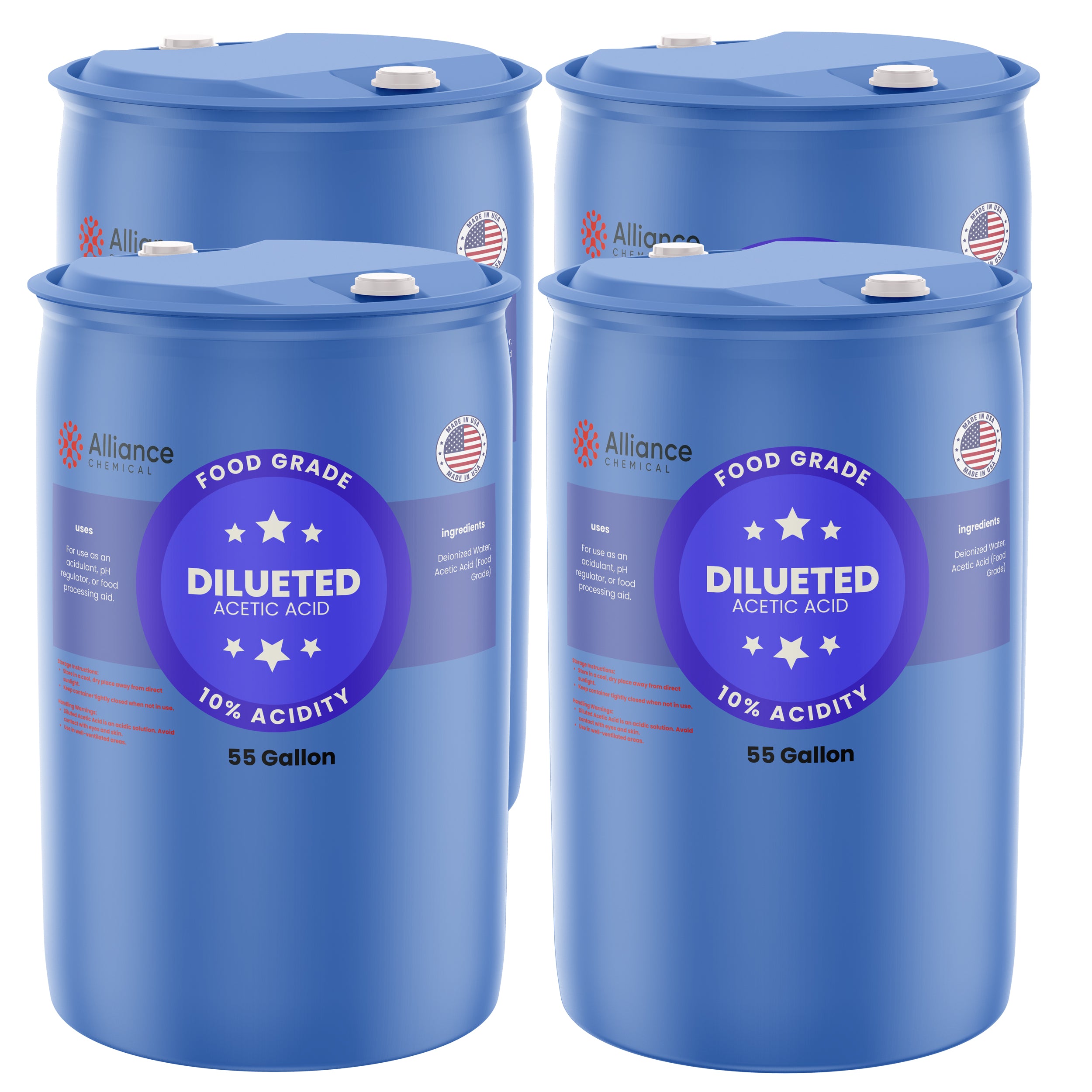 Alliance Chemical 10% diluted acetic acid food grade in blue 55-gallon plastic drum with food grade label