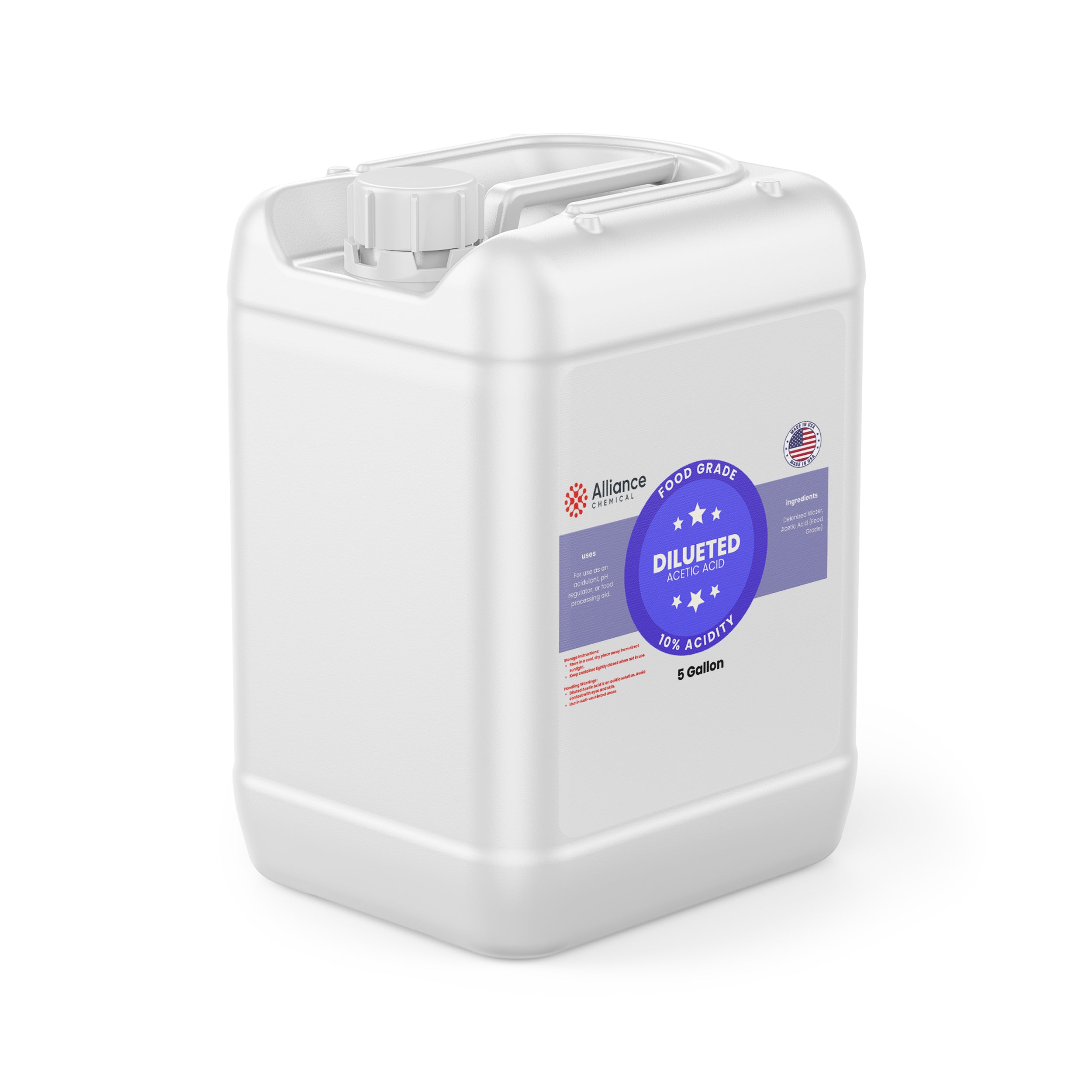 Alliance Chemical 10% diluted acetic acid food grade in white 5-gallon HDPE container with handle