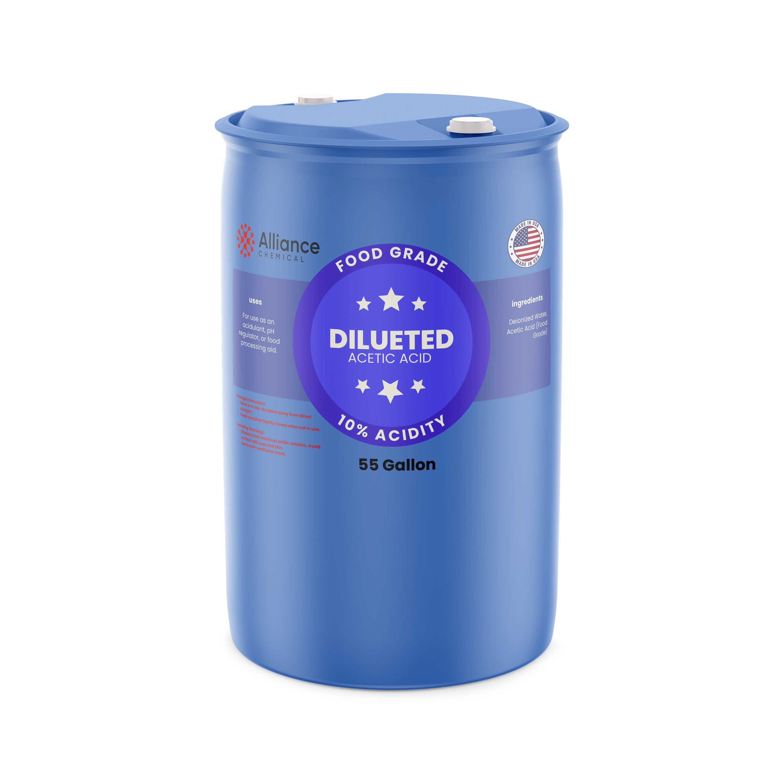 Alliance Chemical 10% diluted acetic acid food grade in blue 55-gallon drum with clear labeling