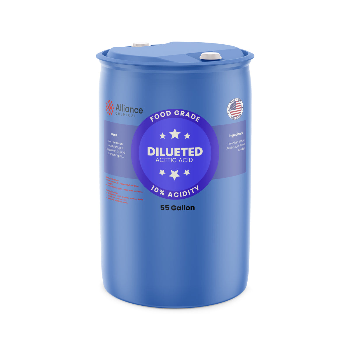 Alliance Chemical 10% diluted acetic acid food grade in blue 55-gallon drum with clear labeling