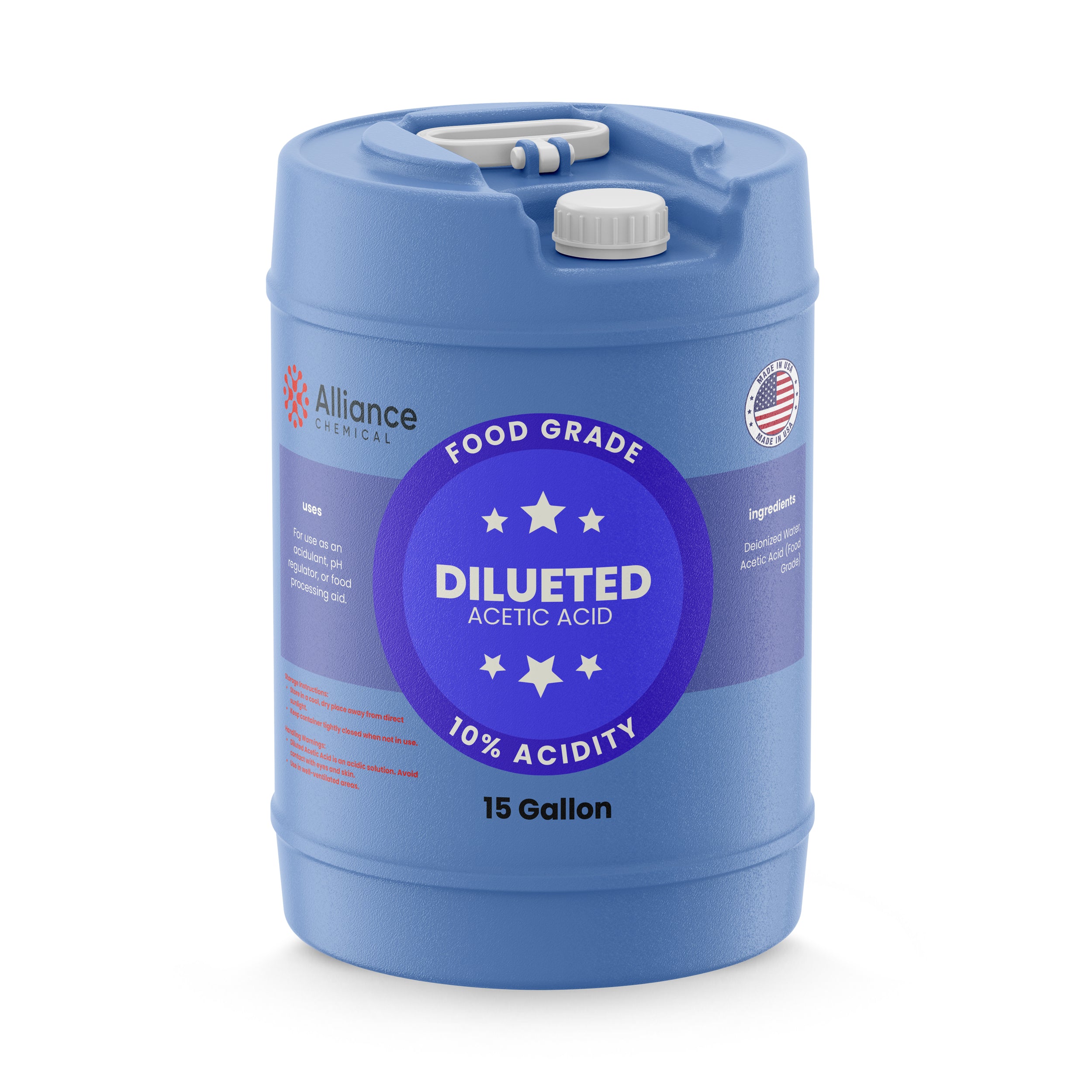 Alliance Chemical 10% diluted acetic acid food grade in blue 15-gallon poly drum with screw cap