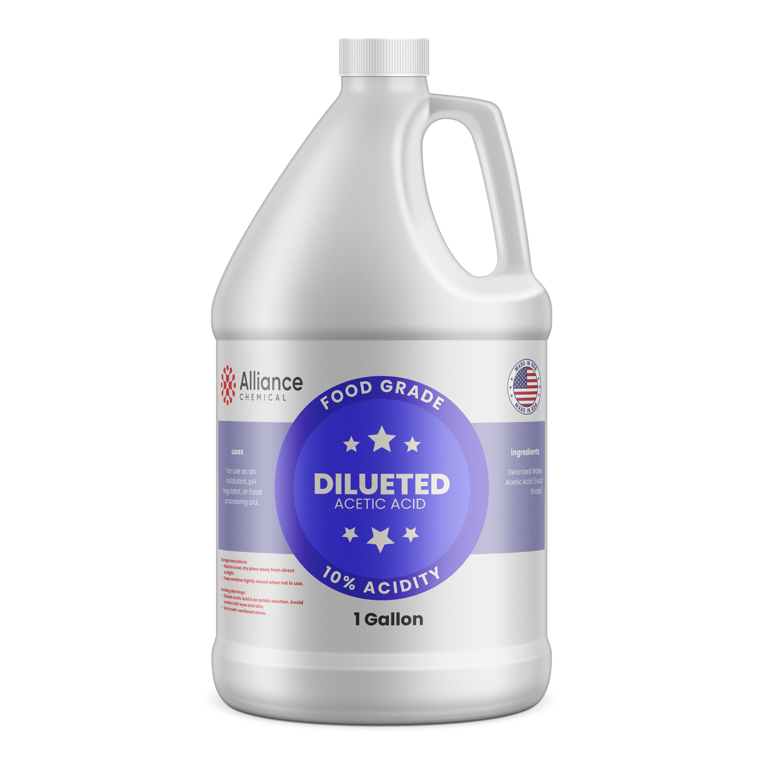 Alliance Chemical 10% diluted acetic acid food grade in white 1-gallon HDPE jug with handle