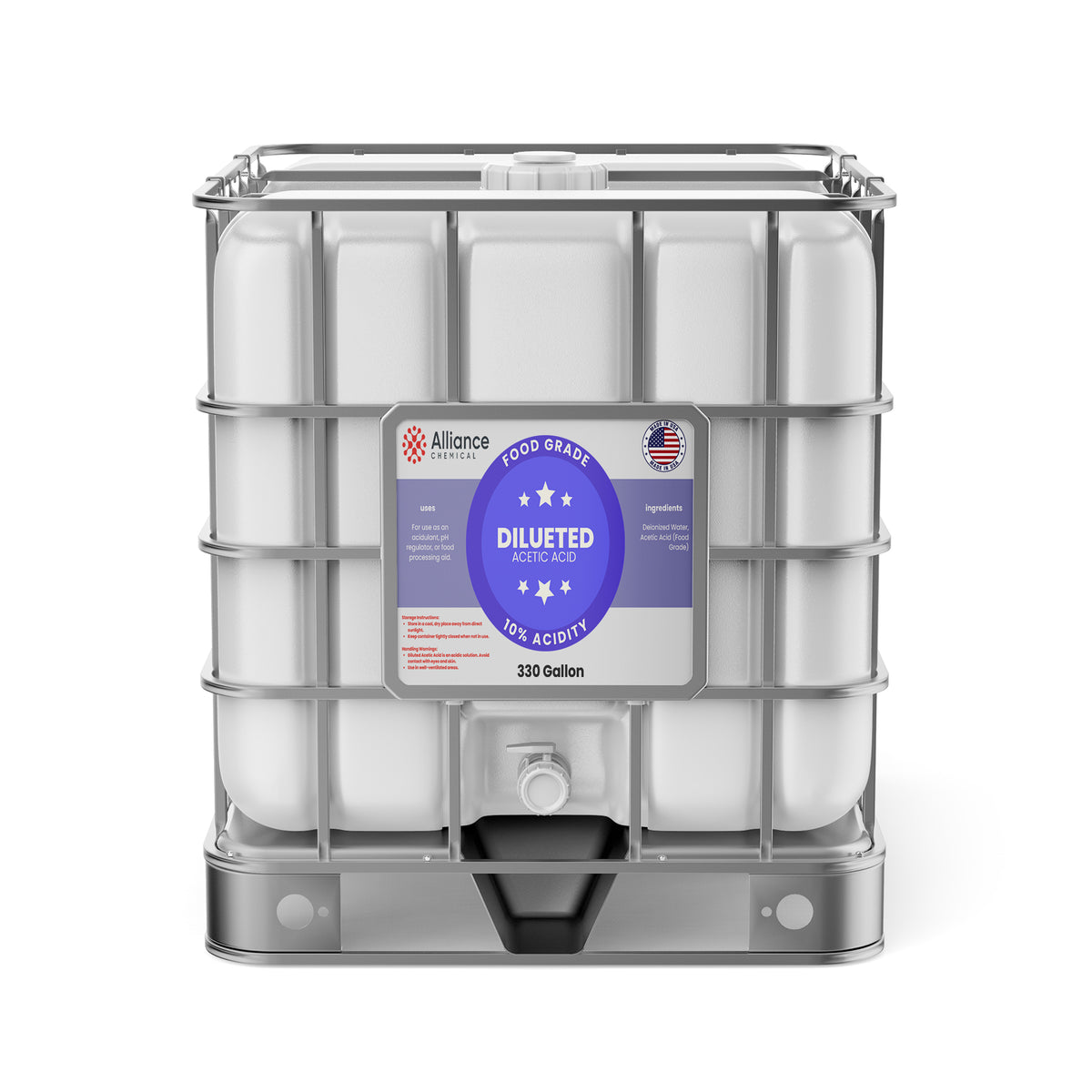 One 330-gallon plastic tote of Alliance Chemical 10% Diluted Acetic Acid Food Grade with a steel cage.
