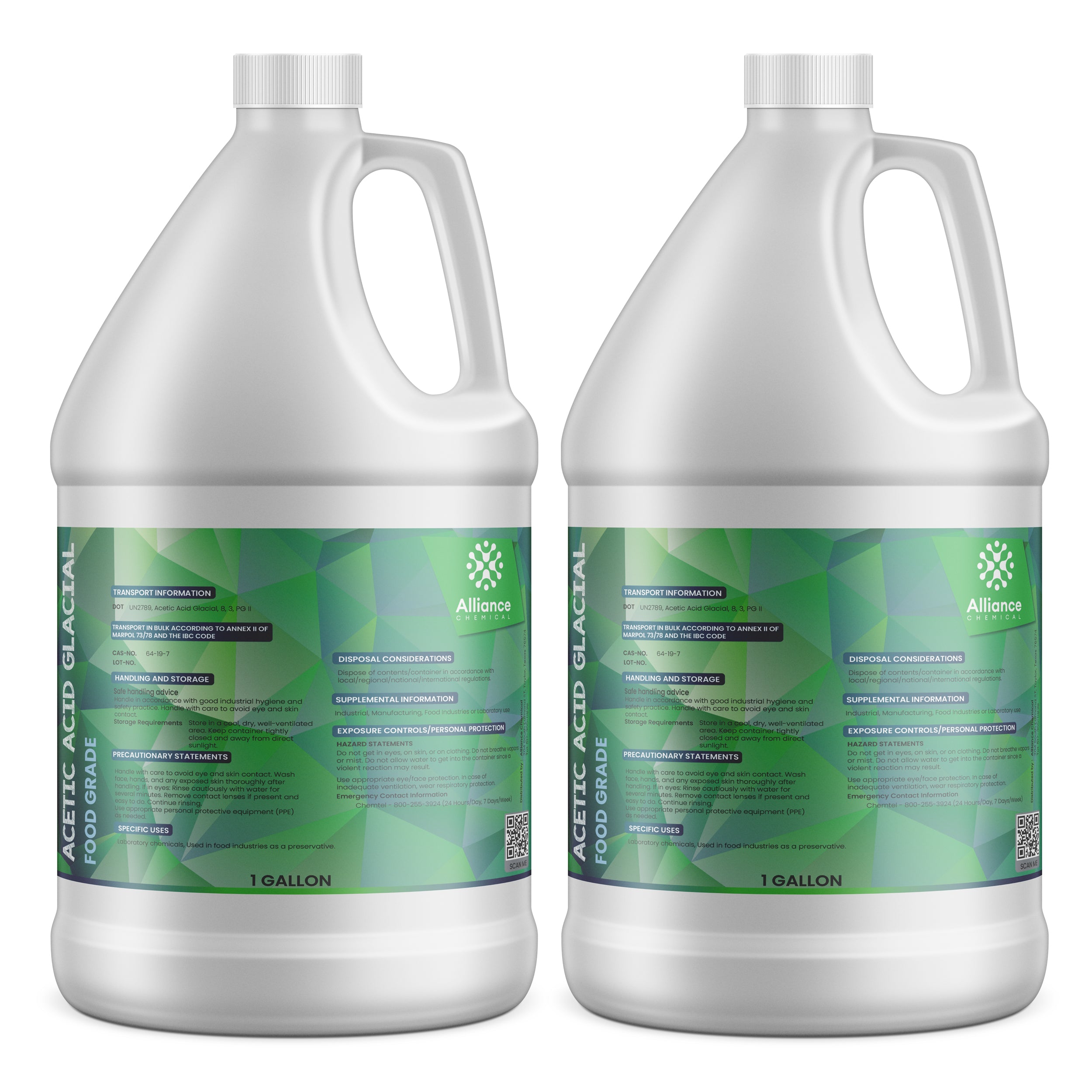 Two 1-gallon HDPE jugs of Acetic Acid Glacial Food Grade with green-gradient safety labels, transport information, and Alliance Chemicals branding.