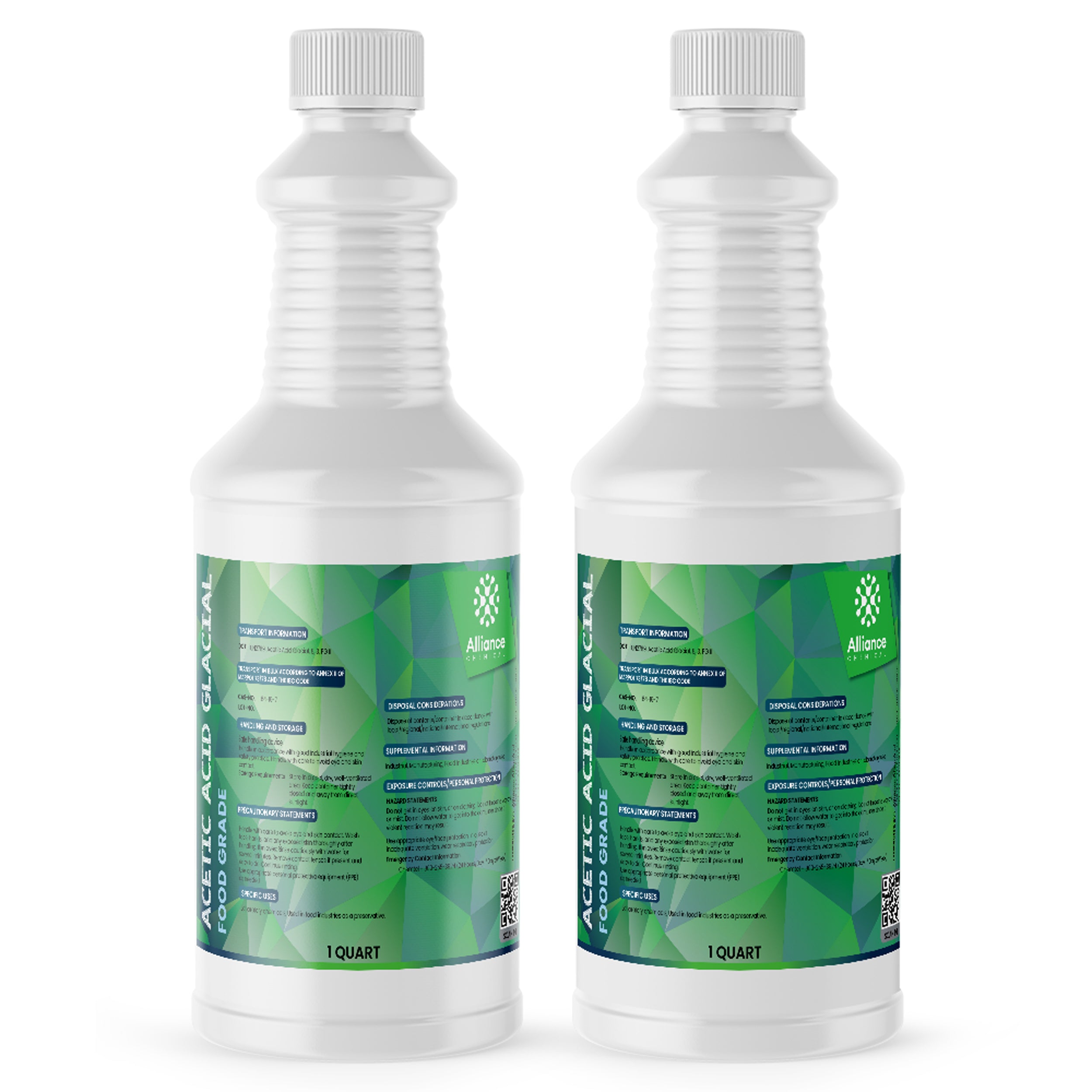 1-quart bottles of Acetic Acid Glacial Food Grade in white HDPE containers with green geometric labels, Alliance Chemical brand, QR-coded.