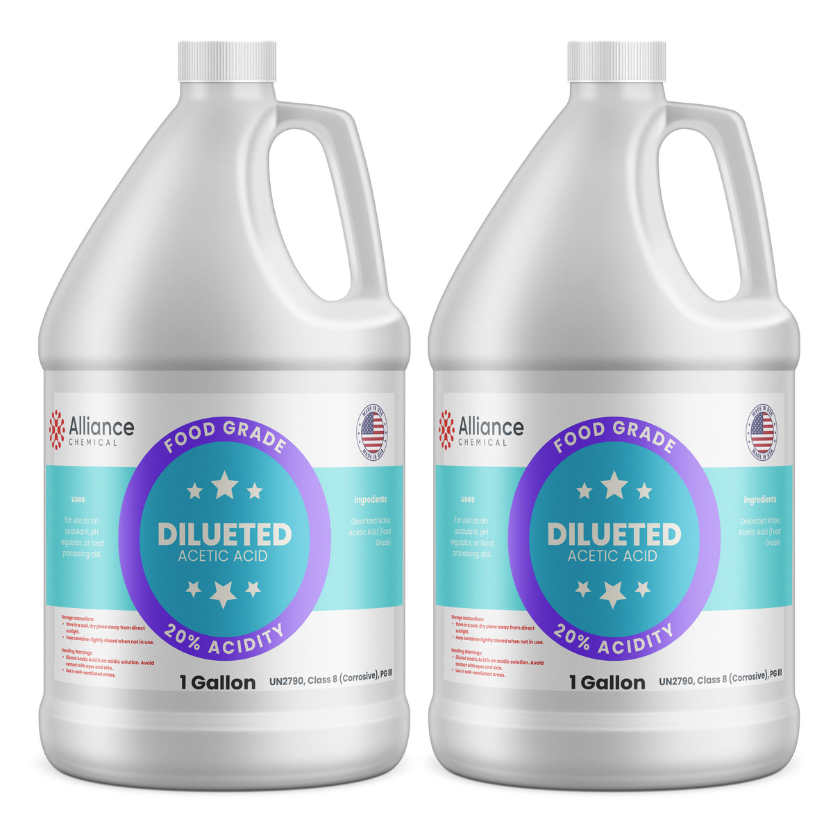 Alliance Chemical 20% diluted acetic acid food grade in two clear 1-gallon HDPE jugs with handles