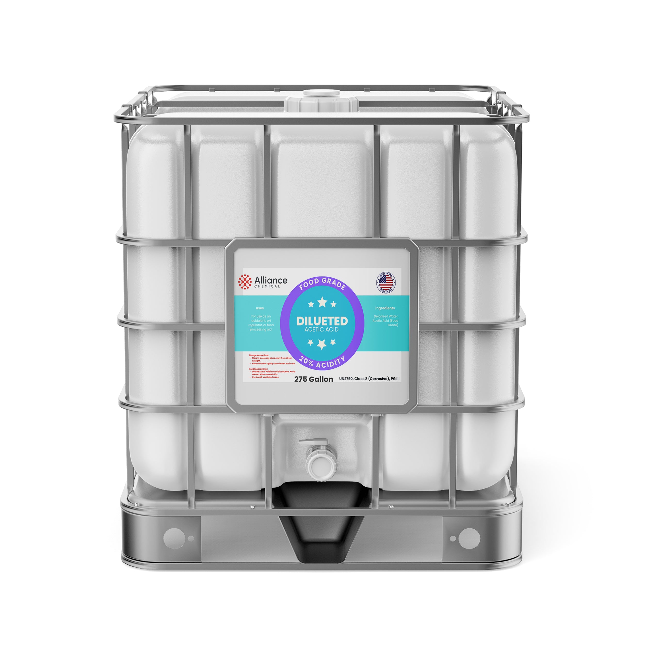 Alliance Chemical 20% diluted acetic acid food grade in 275-gallon IBC tote with label