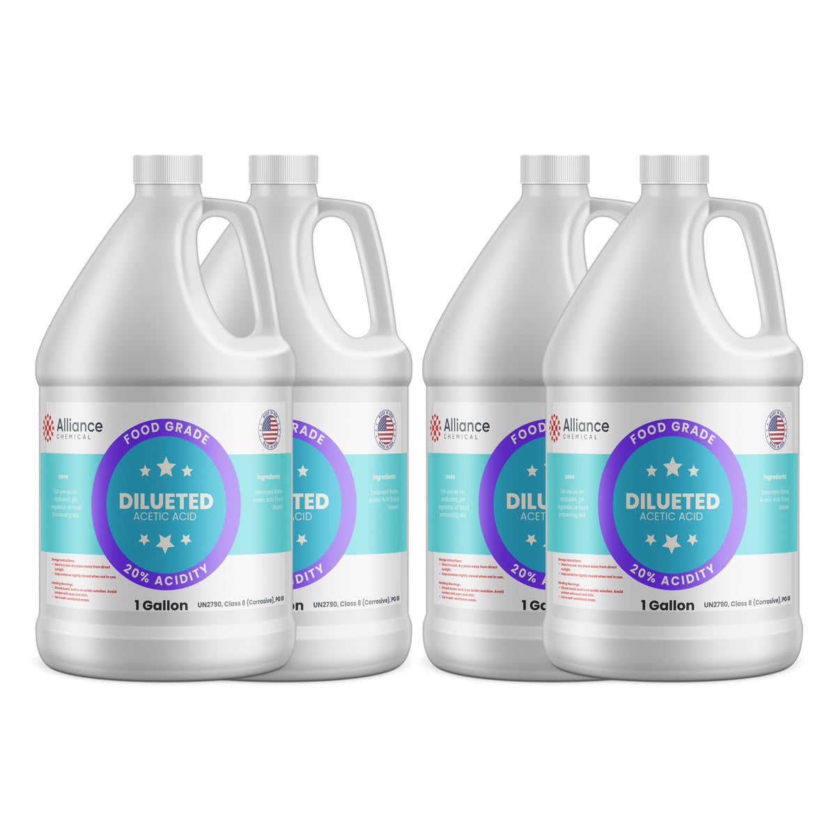 Alliance Chemical 20% diluted acetic acid food grade in four 1-gallon HDPE jugs with handles
